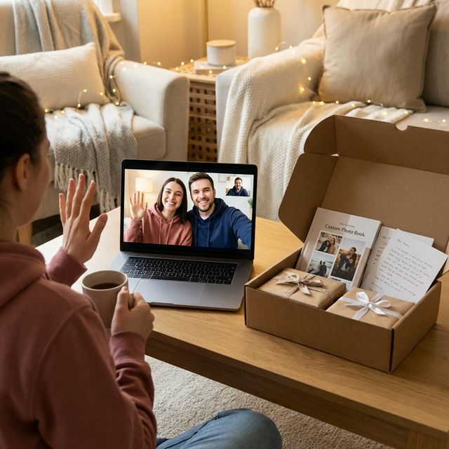 Long distance couple on video call wearing matching custom hoodies with care package