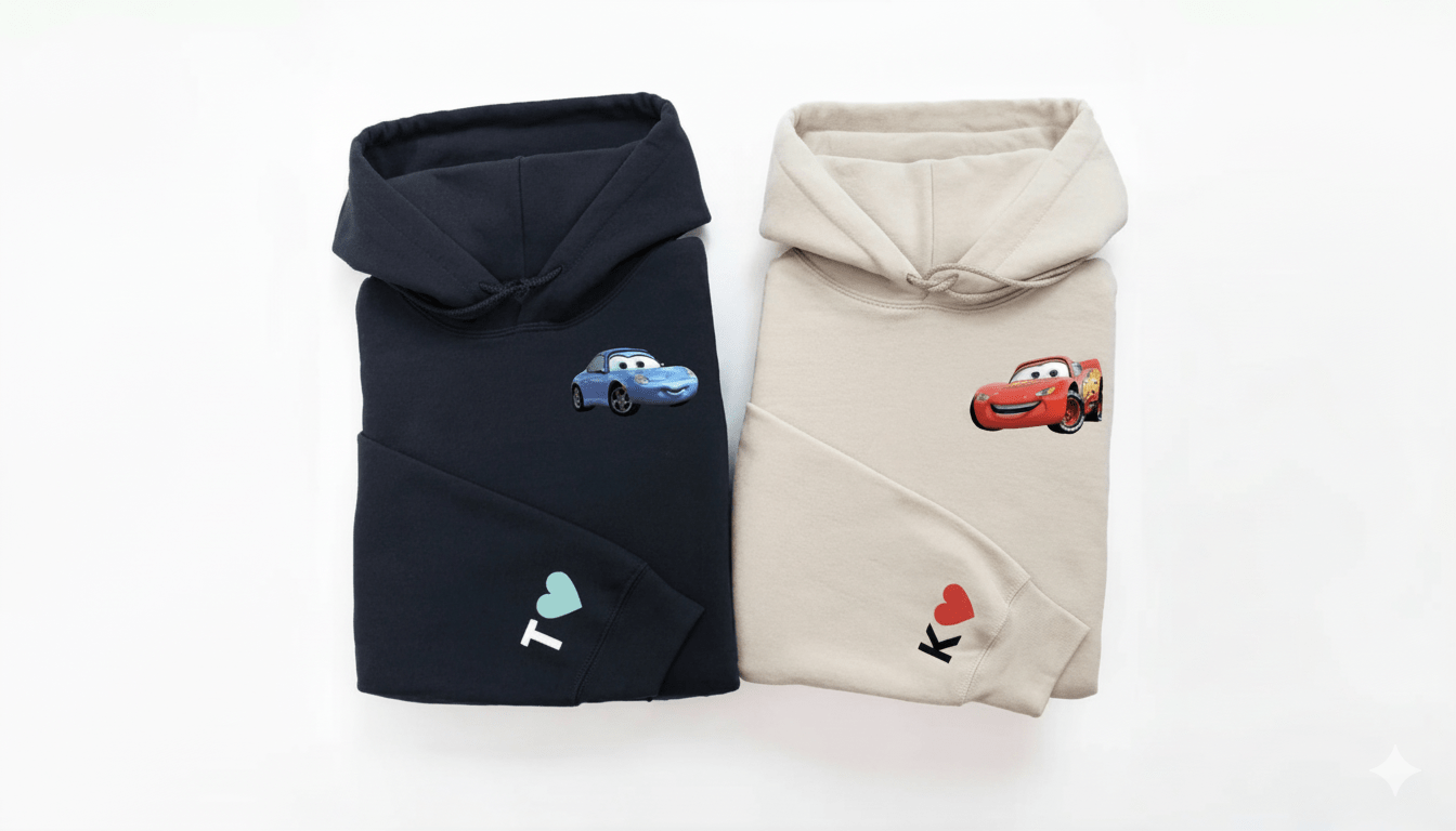 Custom embroidered Cars McQueen and Sally couple hoodies with personalized initials