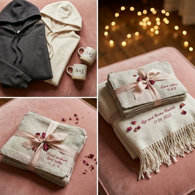 Personalized Valentine's Day couple gifts including matching hoodies and custom mugs