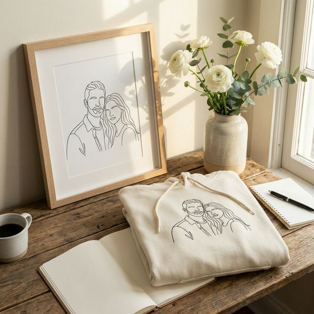 Custom line art portrait hoodie and framed print on a wooden desk