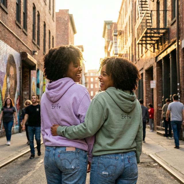 Best friends wearing matching custom BFF hoodies in lavender and sage green