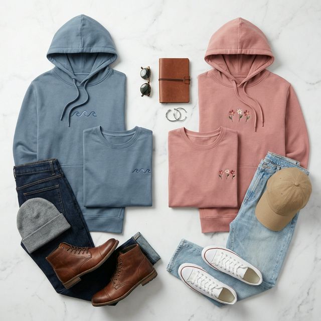 His and hers matching embroidered hoodie sets in dusty blue and dusty pink