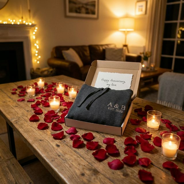 Custom embroidered anniversary hoodie gift box with rose petals and candles