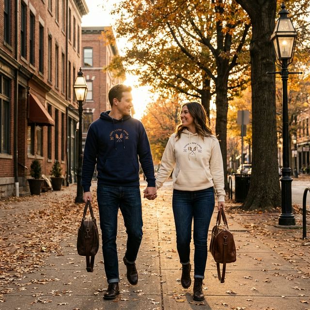 Couple walking hand in hand wearing matching navy and cream custom hoodies in autumn