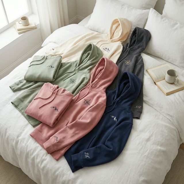 Collection of custom embroidered hoodies in cream, sage, dusty rose, charcoal, and navy
