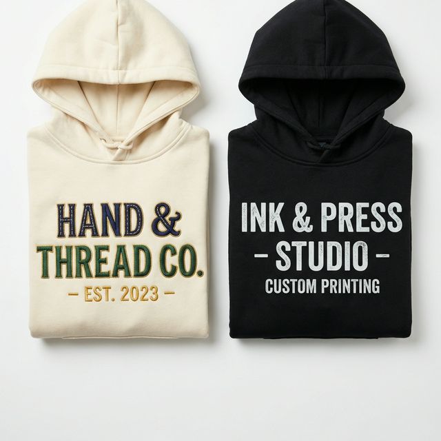 Embroidered vs printed custom hoodies comparison side by side