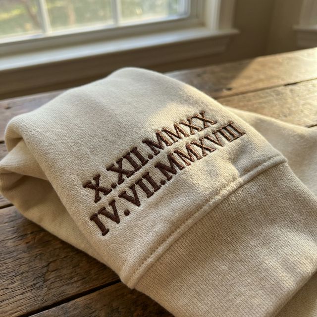 Close-up of custom embroidered roman numeral dates on a cream hoodie sleeve
