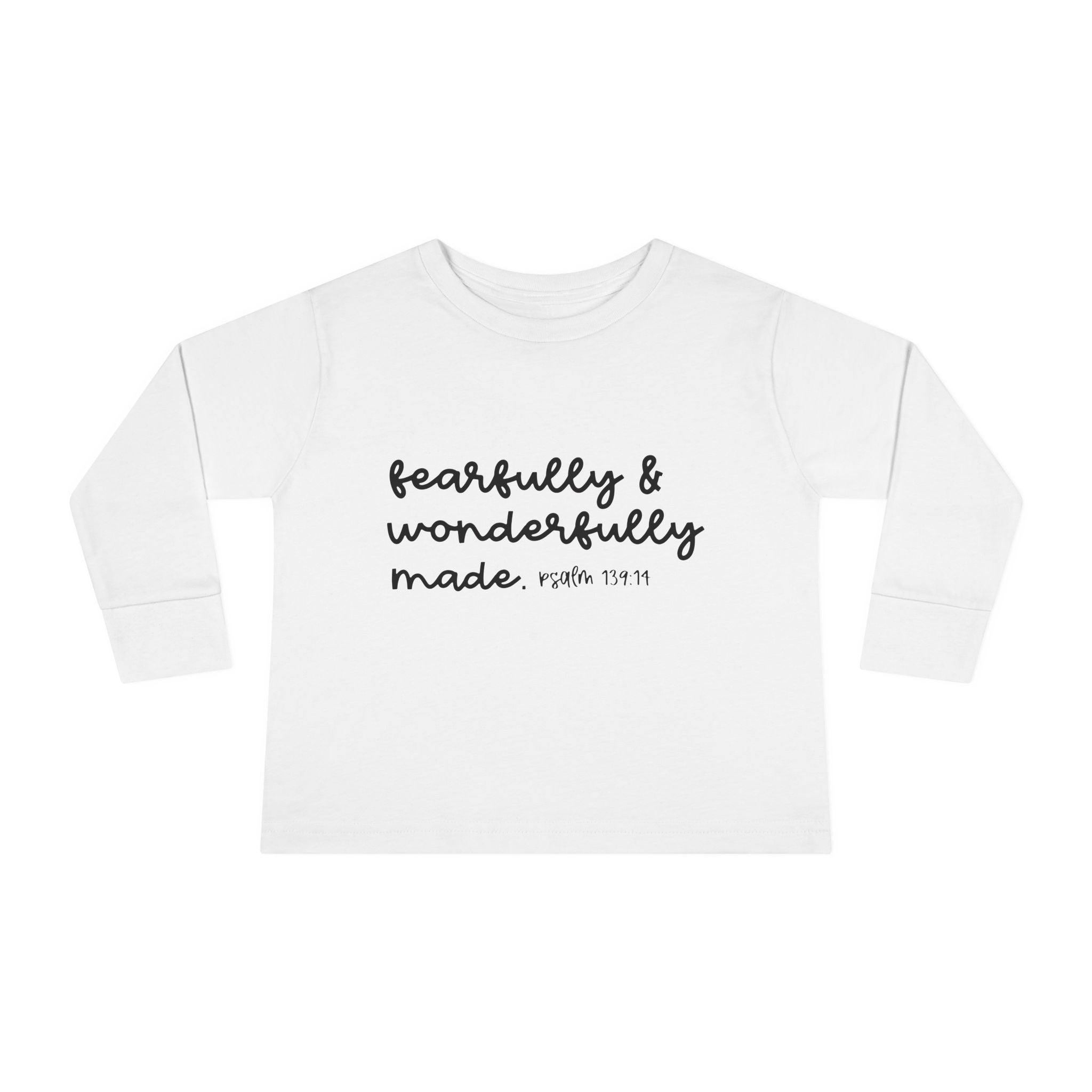 White long sleeve tee with “Fearfully & Wonderfully Made” design
