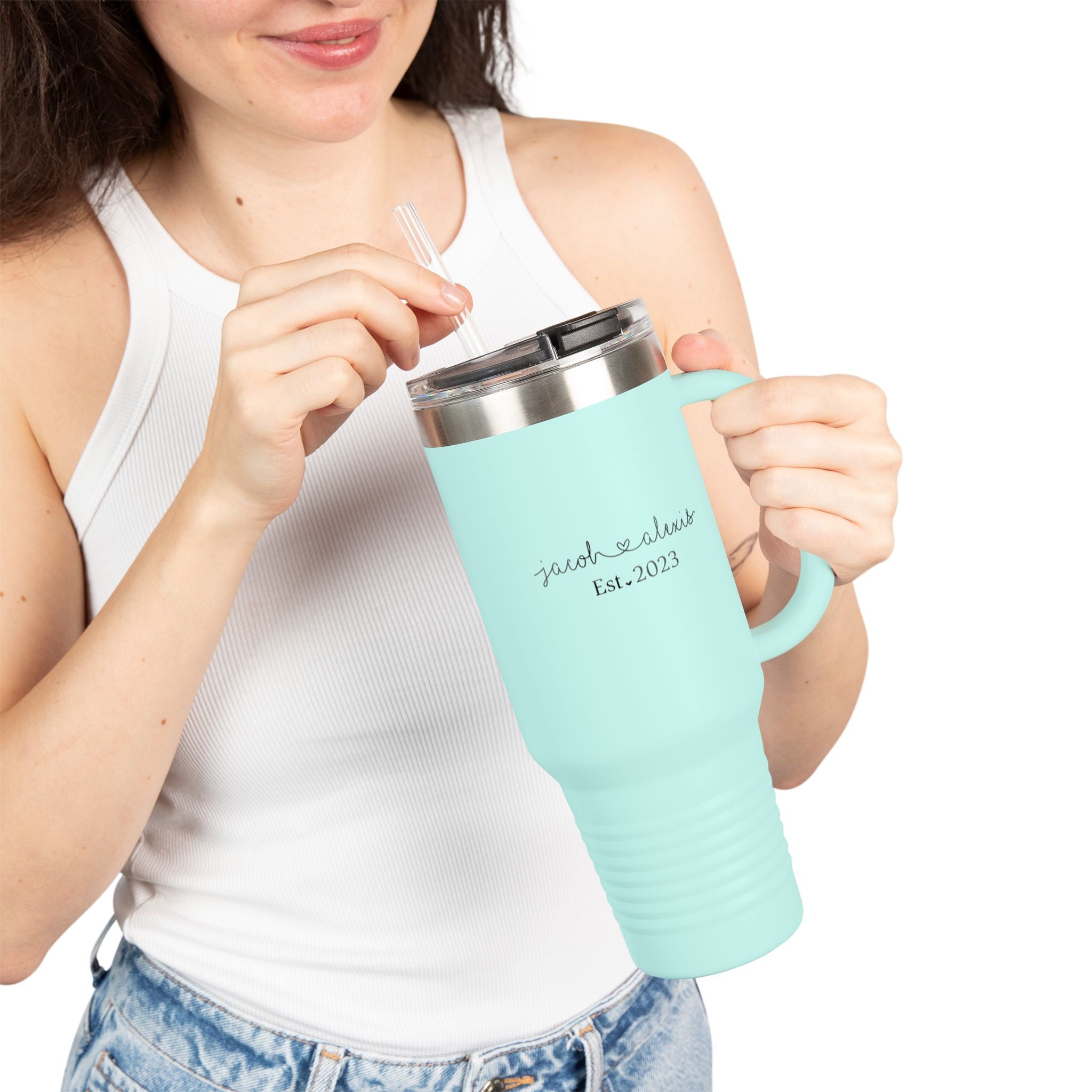 Mint-colored personalized travel mug featuring custom engraving.