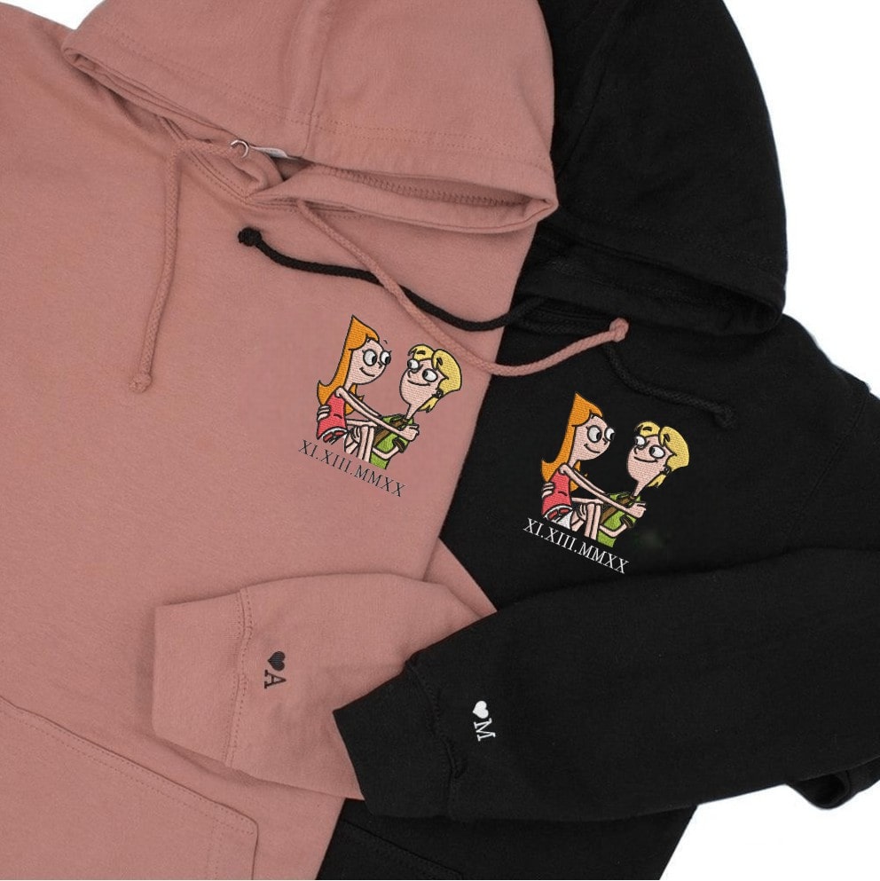 Cartoon couple illustration hoodie with heart detail and Roman numerals.