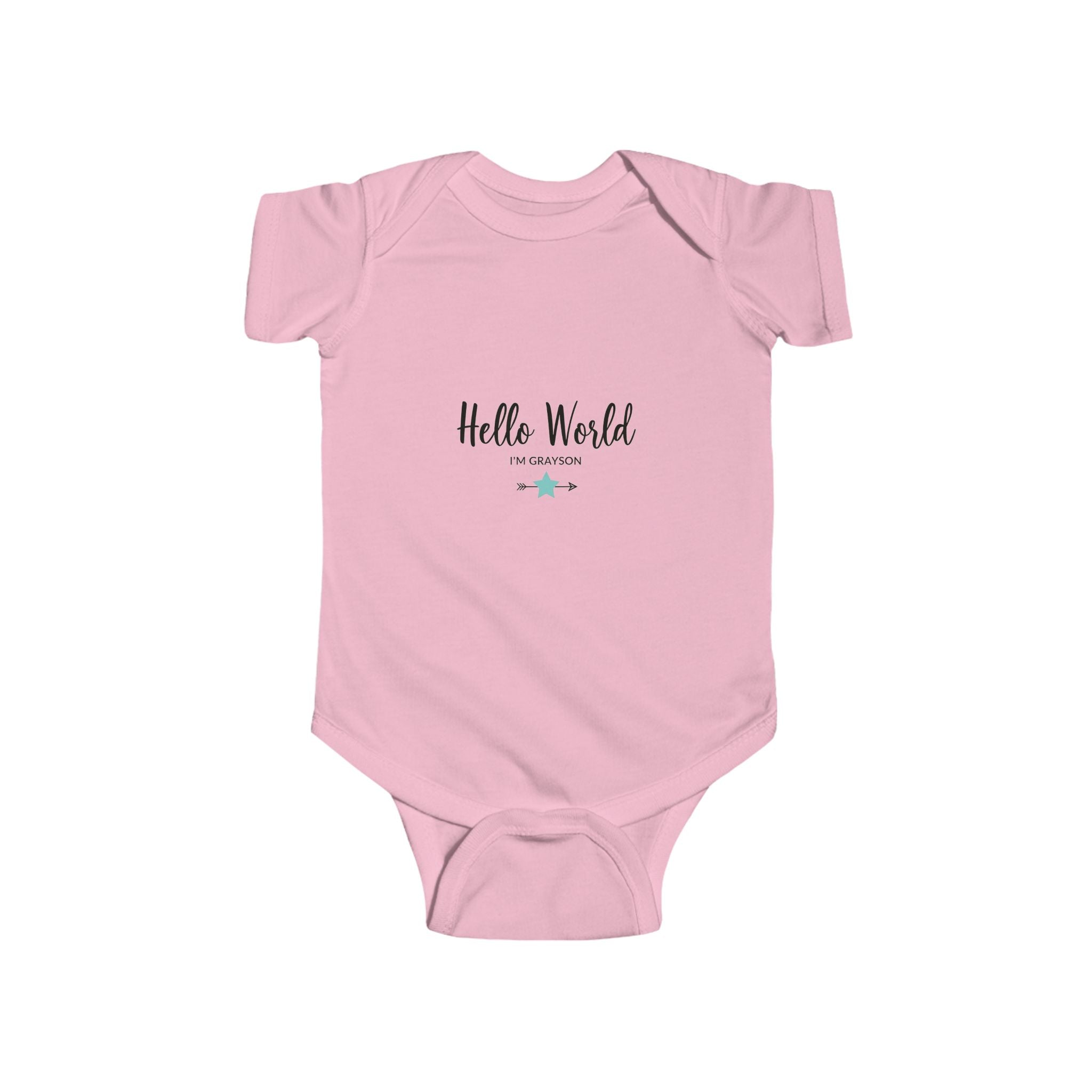 baby onesie with “Hello World I’m Grayson” text and arrows – personalized baby boy outfit for birth announcements