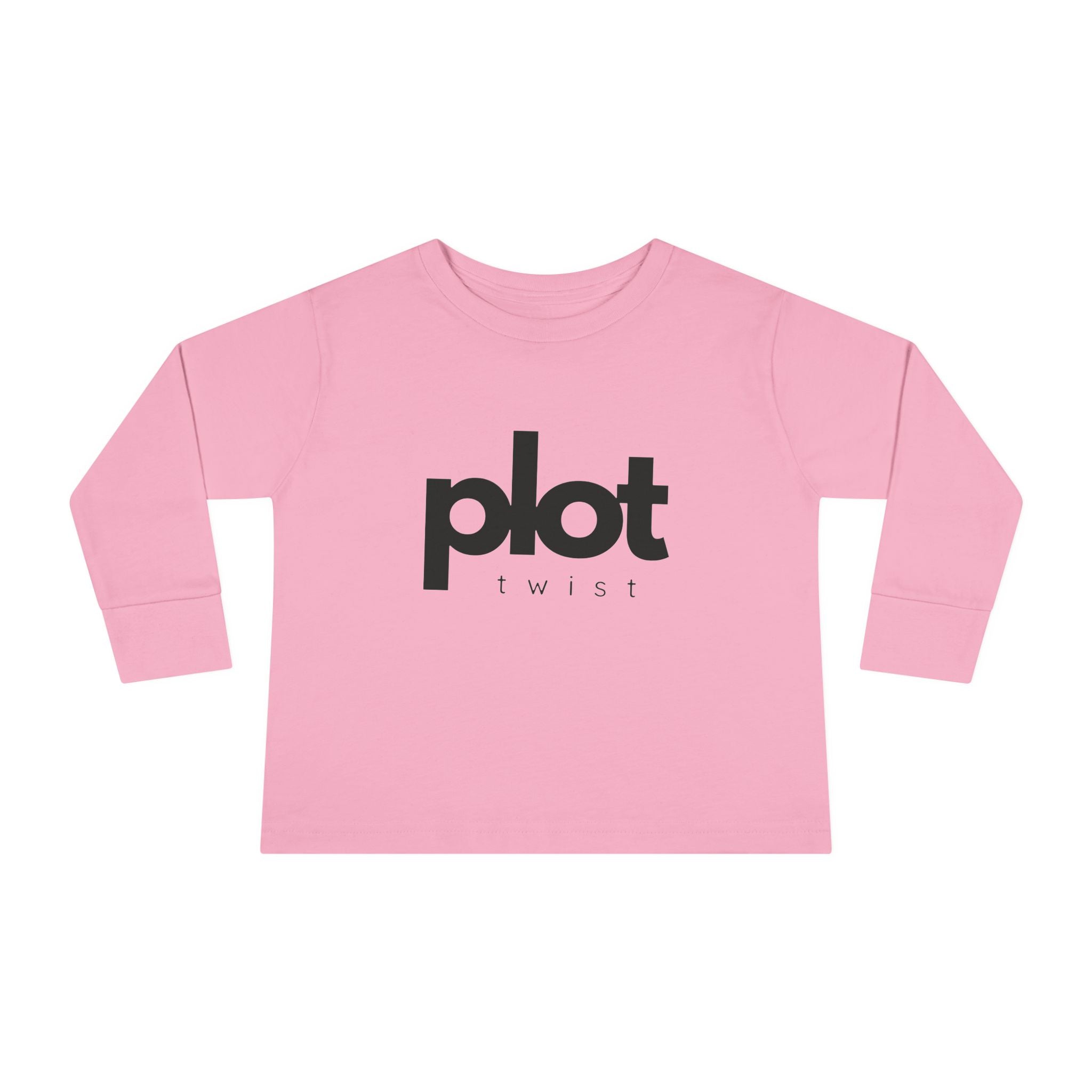 Pink toddler shirt with bold black “Plot Twist” text design