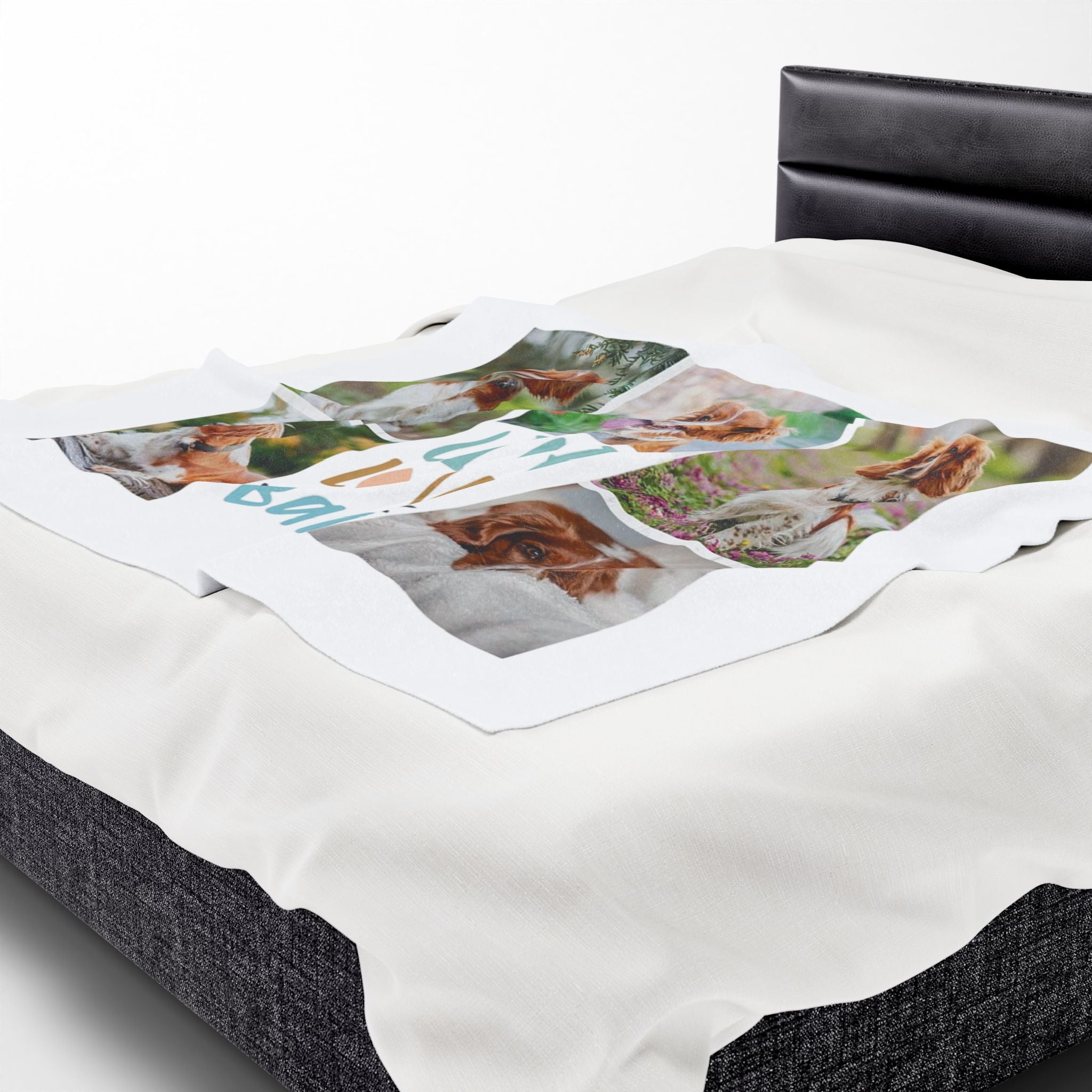 Custom fleece blanket with six dog photos and "Live Love Bark" text in blue and orange

