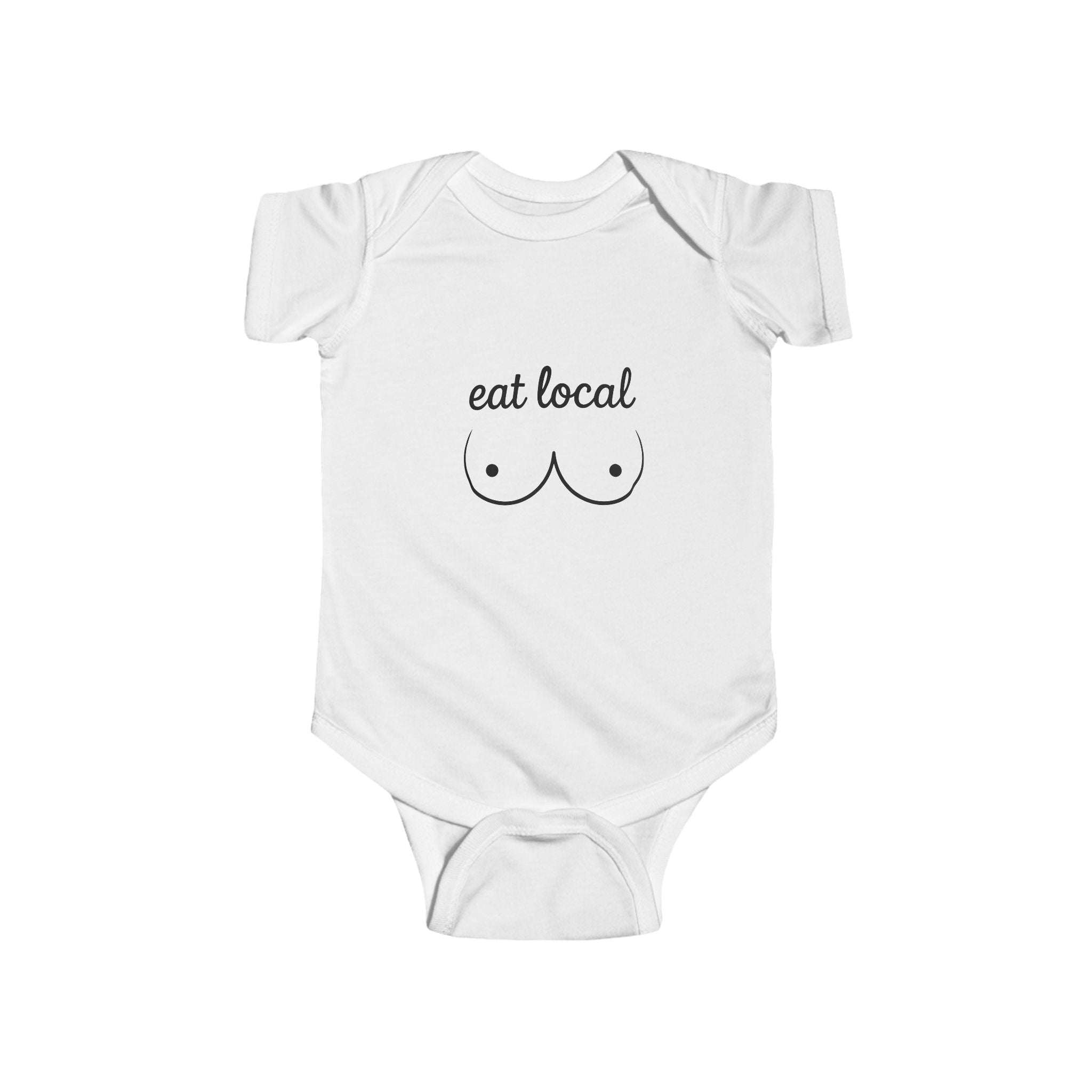 White baby onesie with "eat local" breastfeeding graphic and minimalist chest illustration