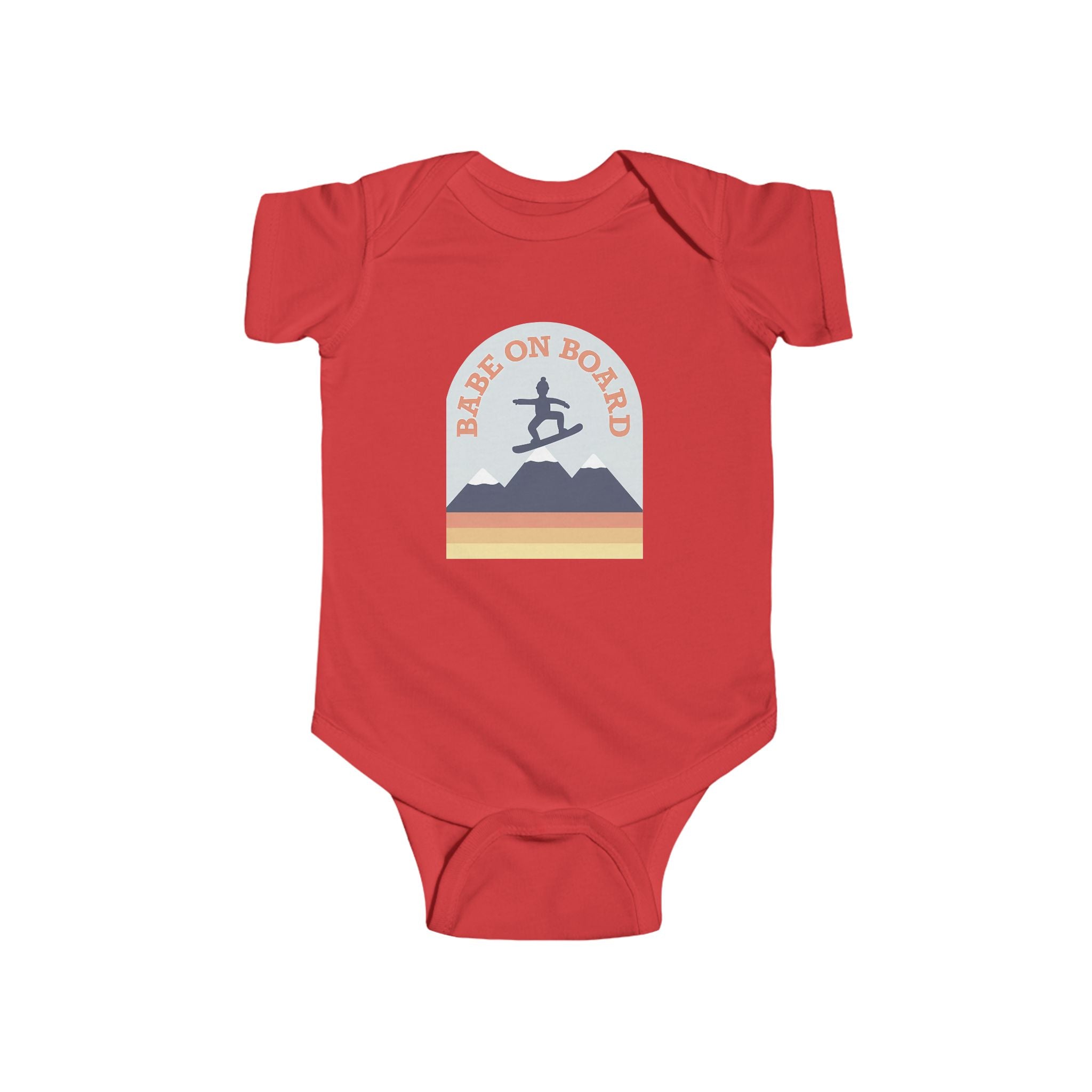  baby onesie with “Babe On Board” snowboarding design over retro mountains








