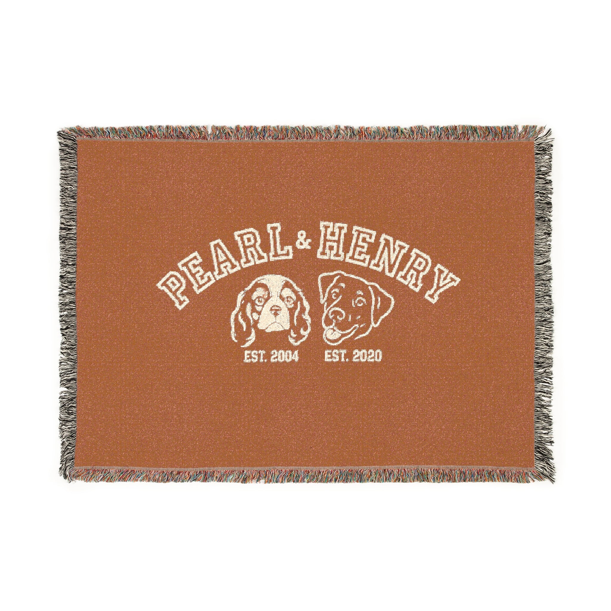 Custom woven blanket with dog illustrations and names 