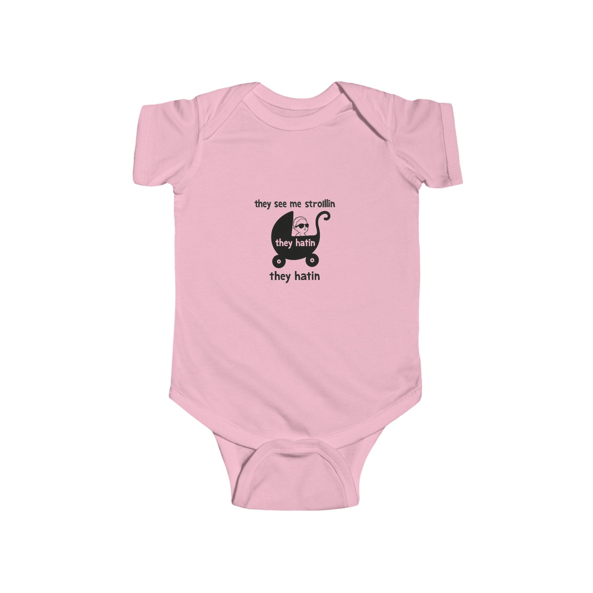 Gray baby onesie with “they see me strollin’ they hatin’” meme design and stroller graphic