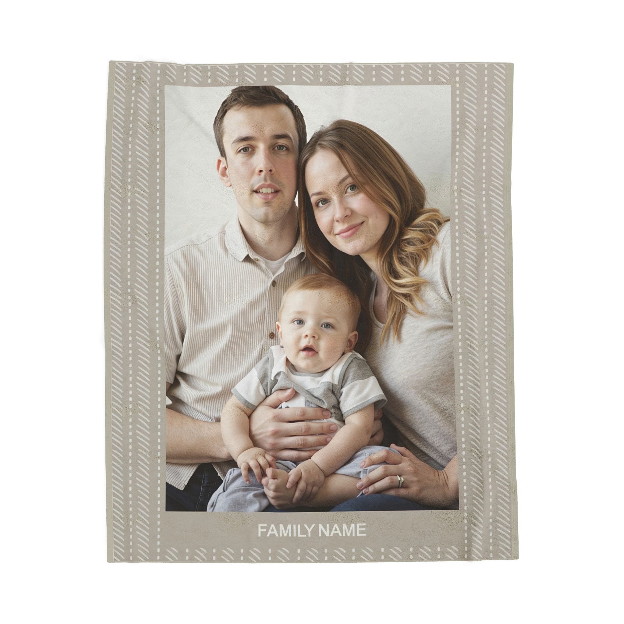 Custom photo blanket with a printed family picture and personalized name, displayed on a bed

