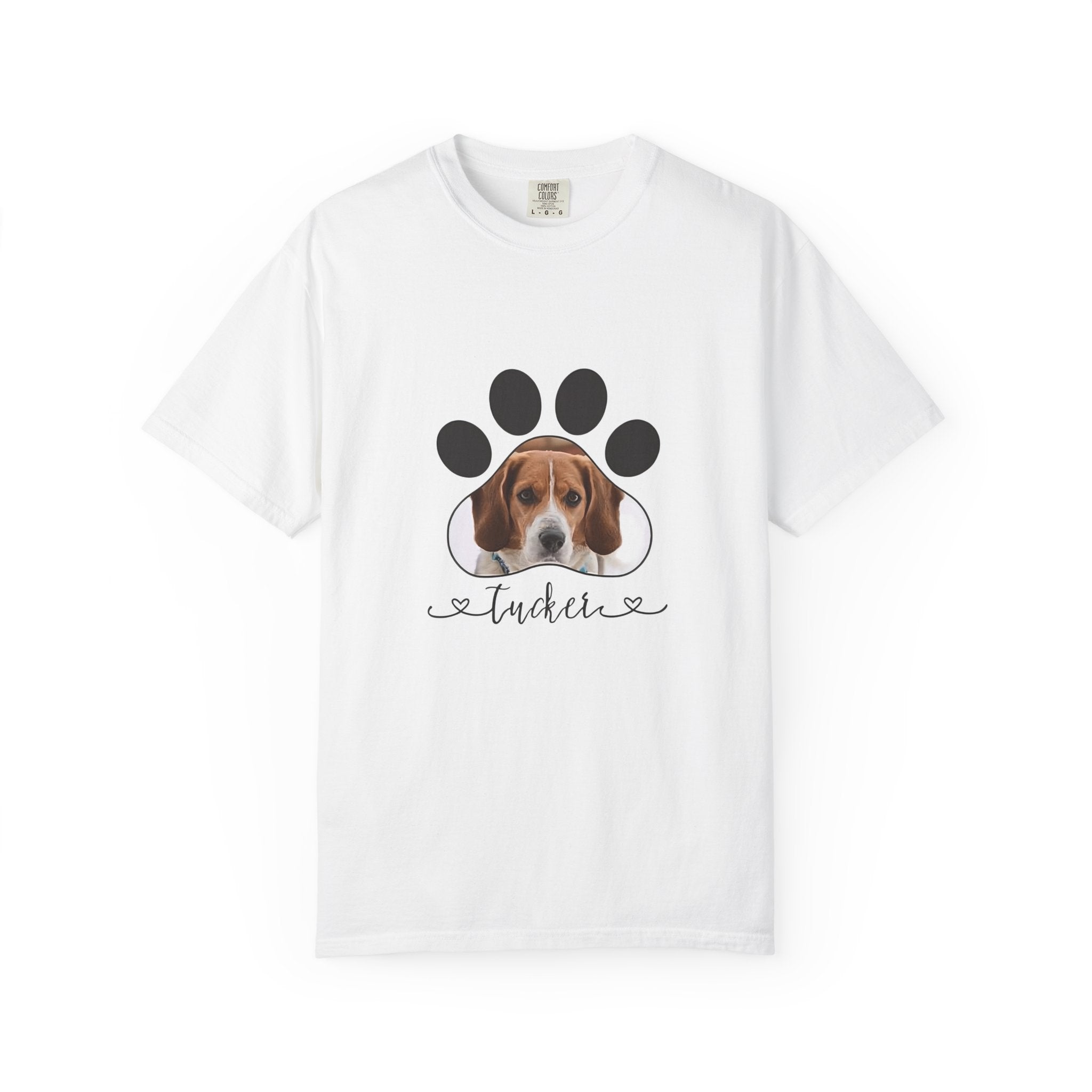 Personalized dog photo hoodie with paw print and custom pet name design in DTG print.
