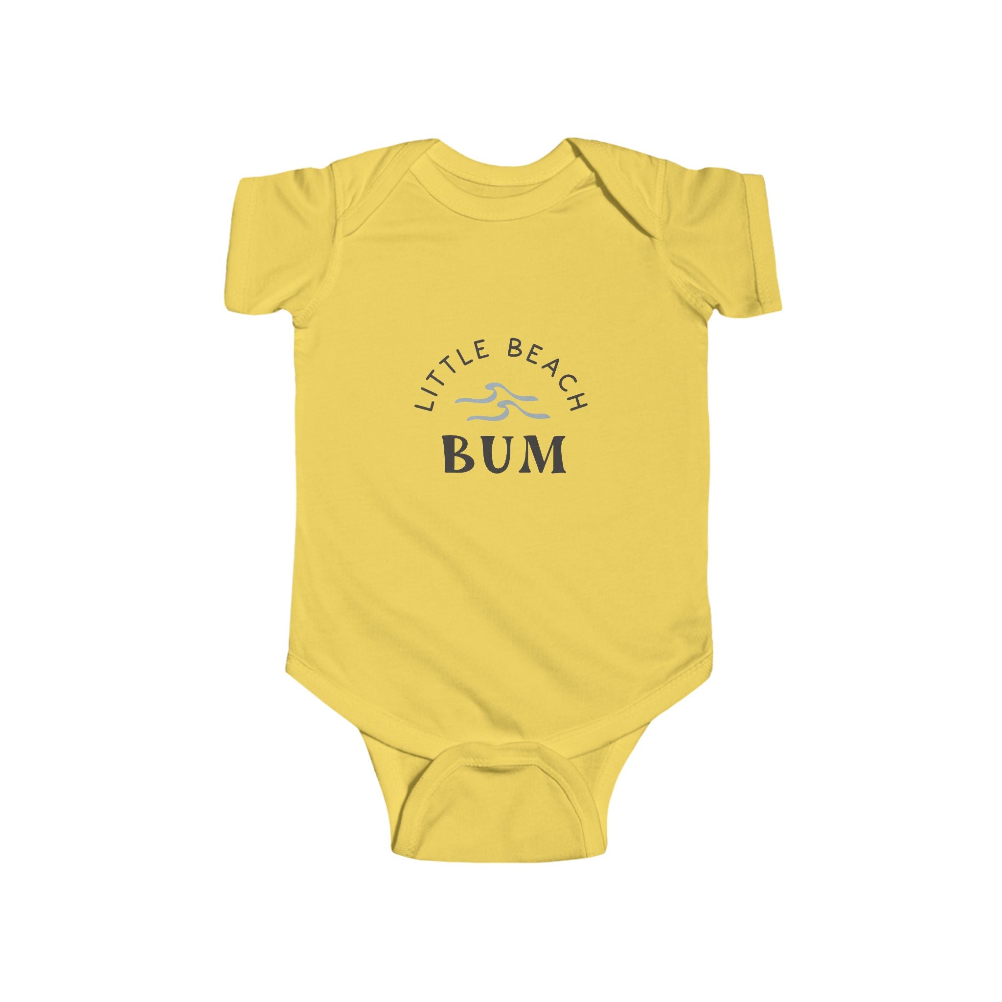 Yellow baby onesie with “Little Beach Bum” text and wave design

