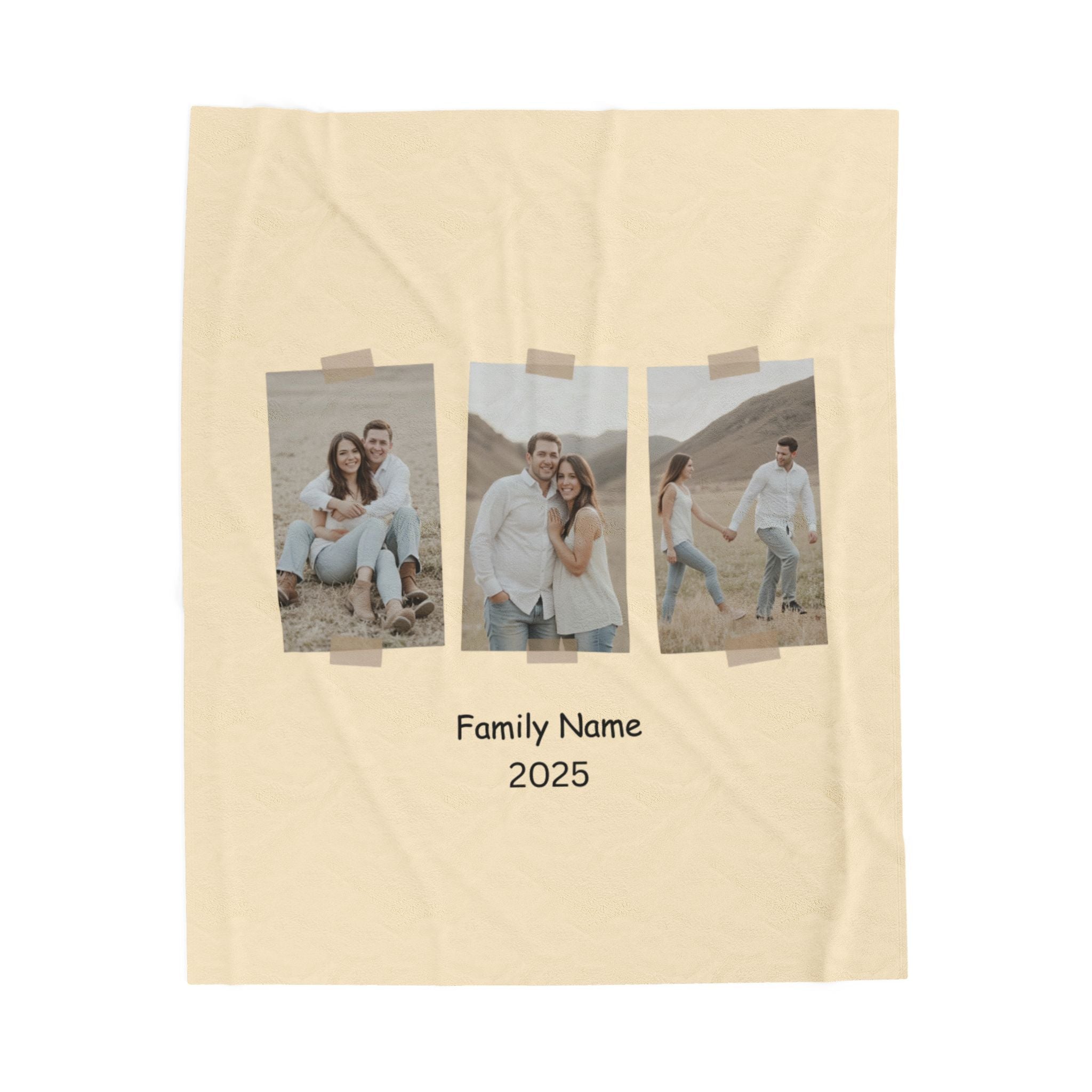 Custom family photo blanket with three vertical pictures and personalized name and year design