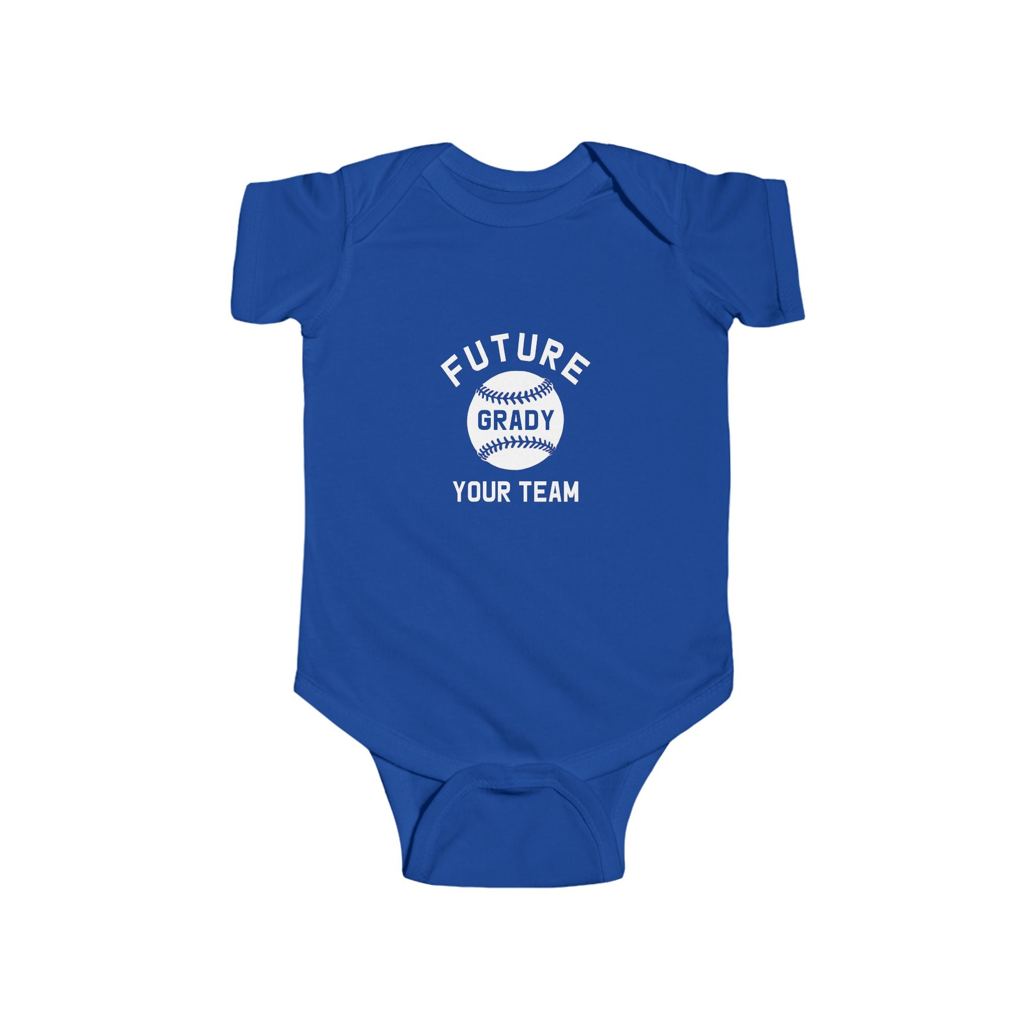 Royal blue baby onesie with white text and baseball graphic that says “Future Grady Your Team” – customizable baby bodysuit for sports fans