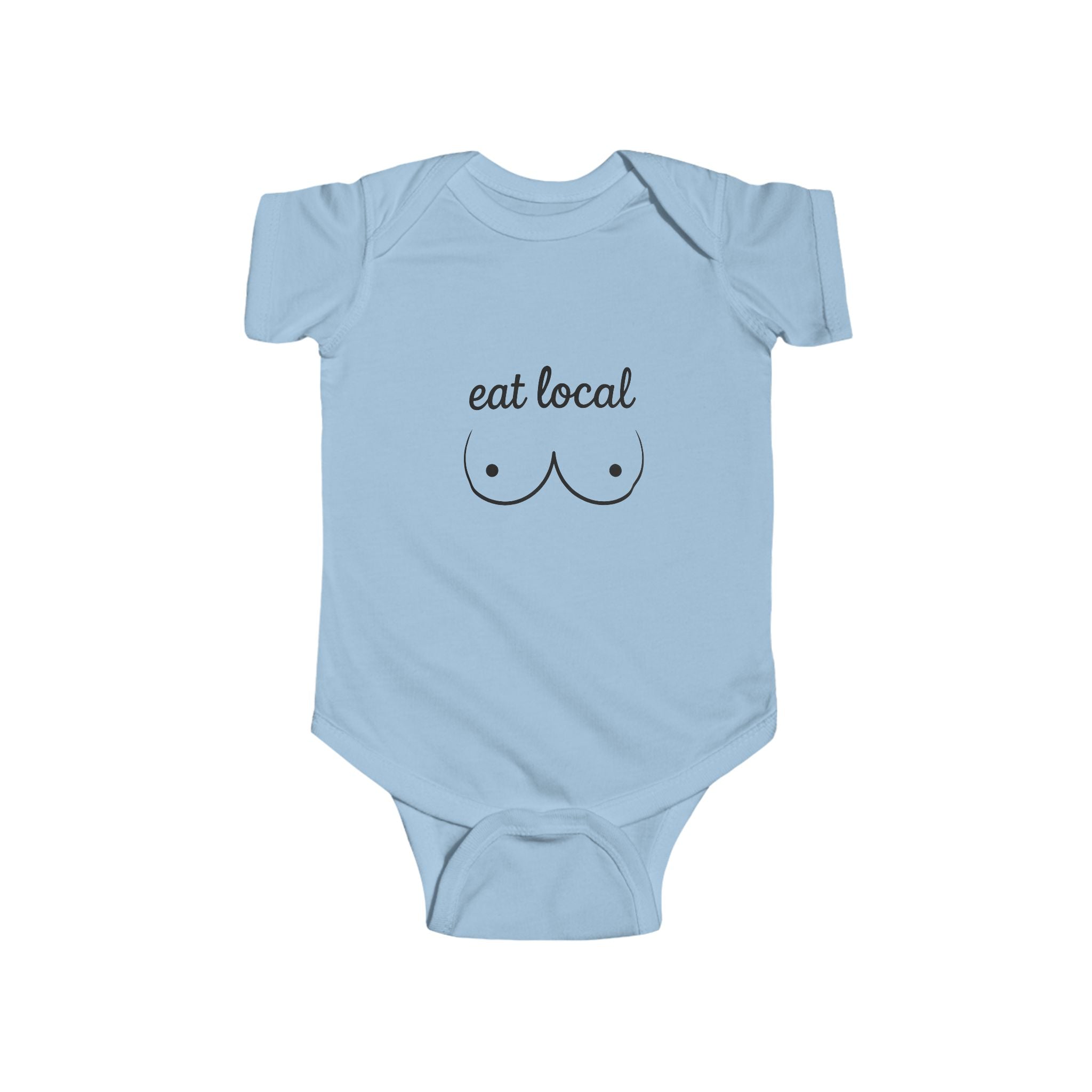 White baby onesie with "eat local" breastfeeding graphic and minimalist chest illustration