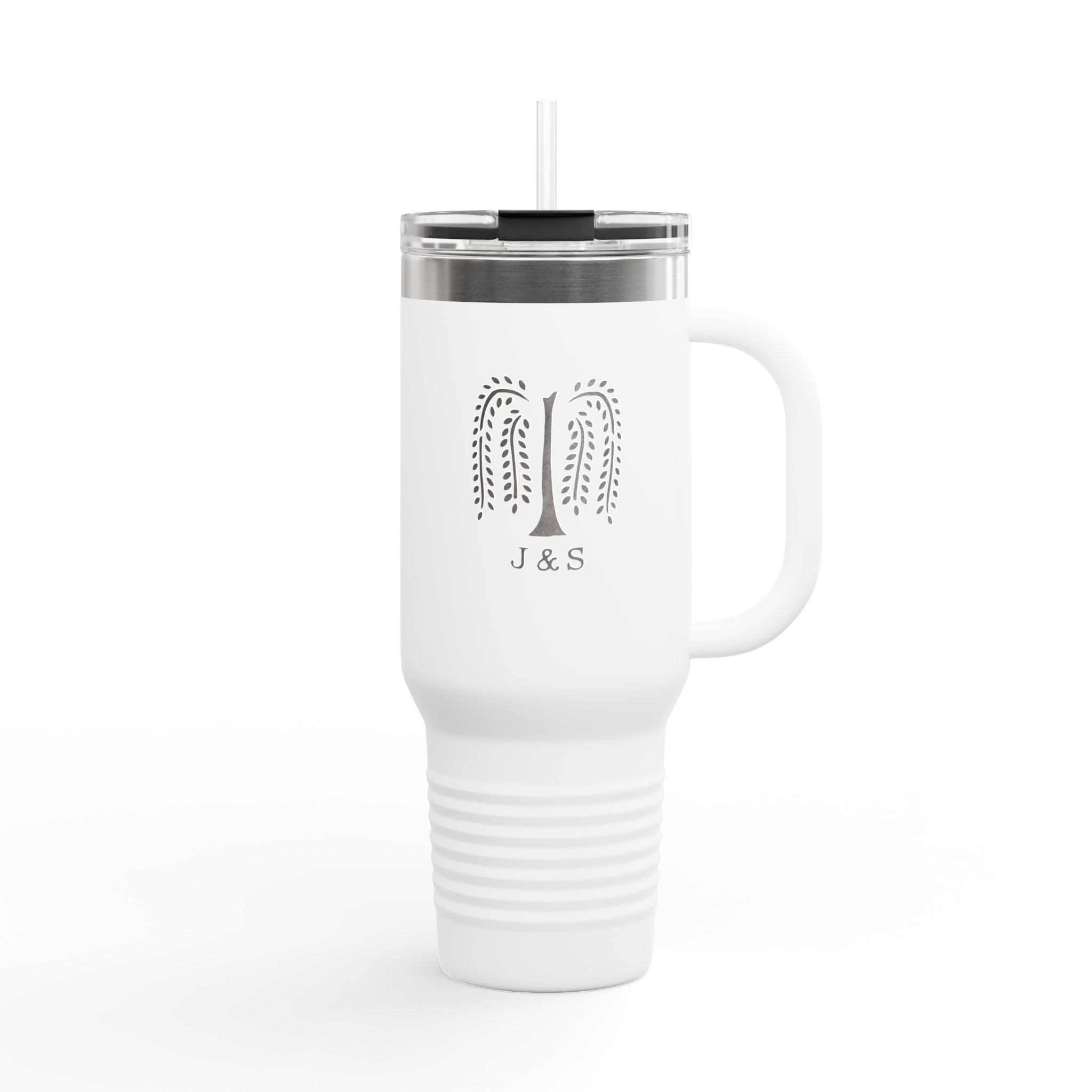 Custom travel mug with willow tree design and initials J&S for couples