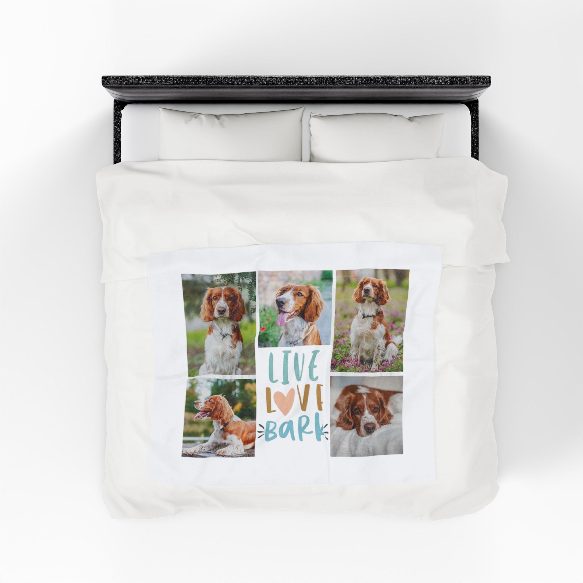 Custom fleece blanket with six dog photos and "Live Love Bark" text in blue and orange

