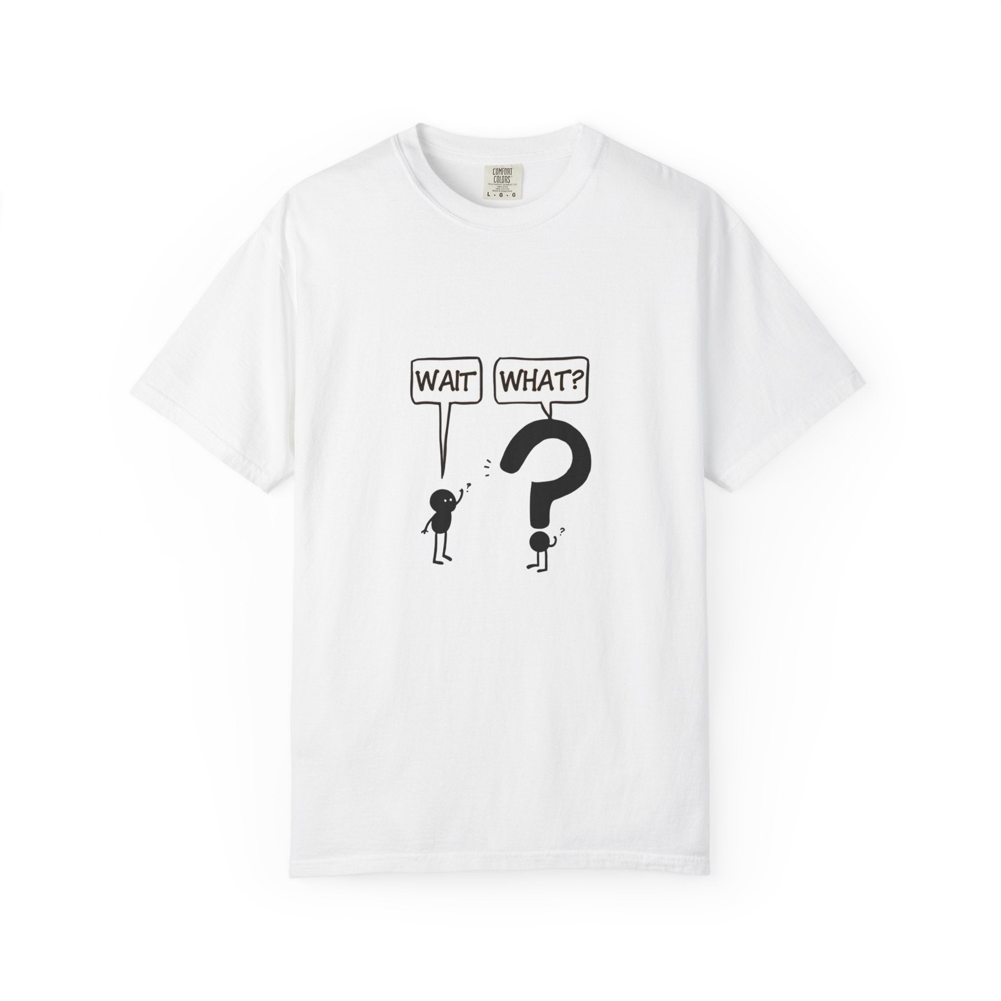 Funny stick figure t-shirt with “Wait What?” quote and cartoon question mark design on unisex cotton tee








