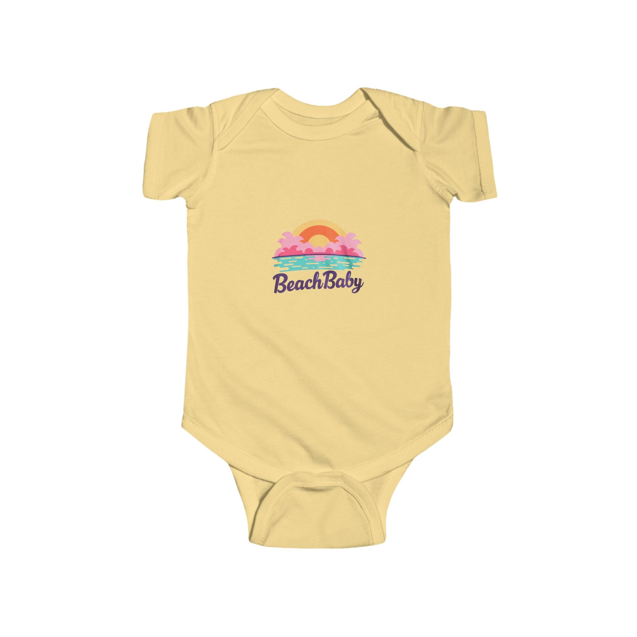 baby onesie with “Beach Baby” print and ocean sunset design—perfect summer bodysuit for babies on vacation or beach day outings.