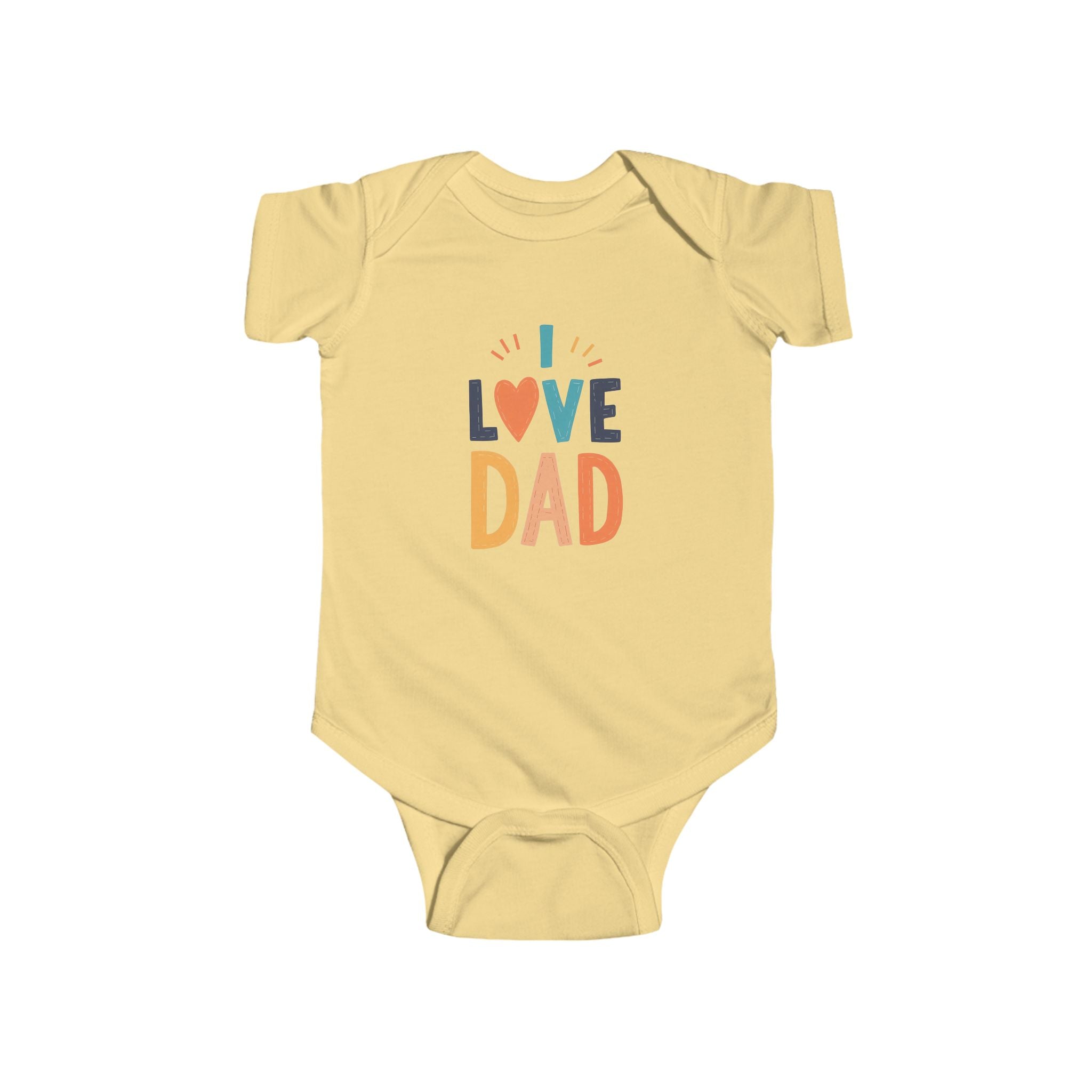 baby onesie with colorful “I Love Dad” print—customizable color bodysuit perfect for Father’s Day or baby’s first outfit for Dad.