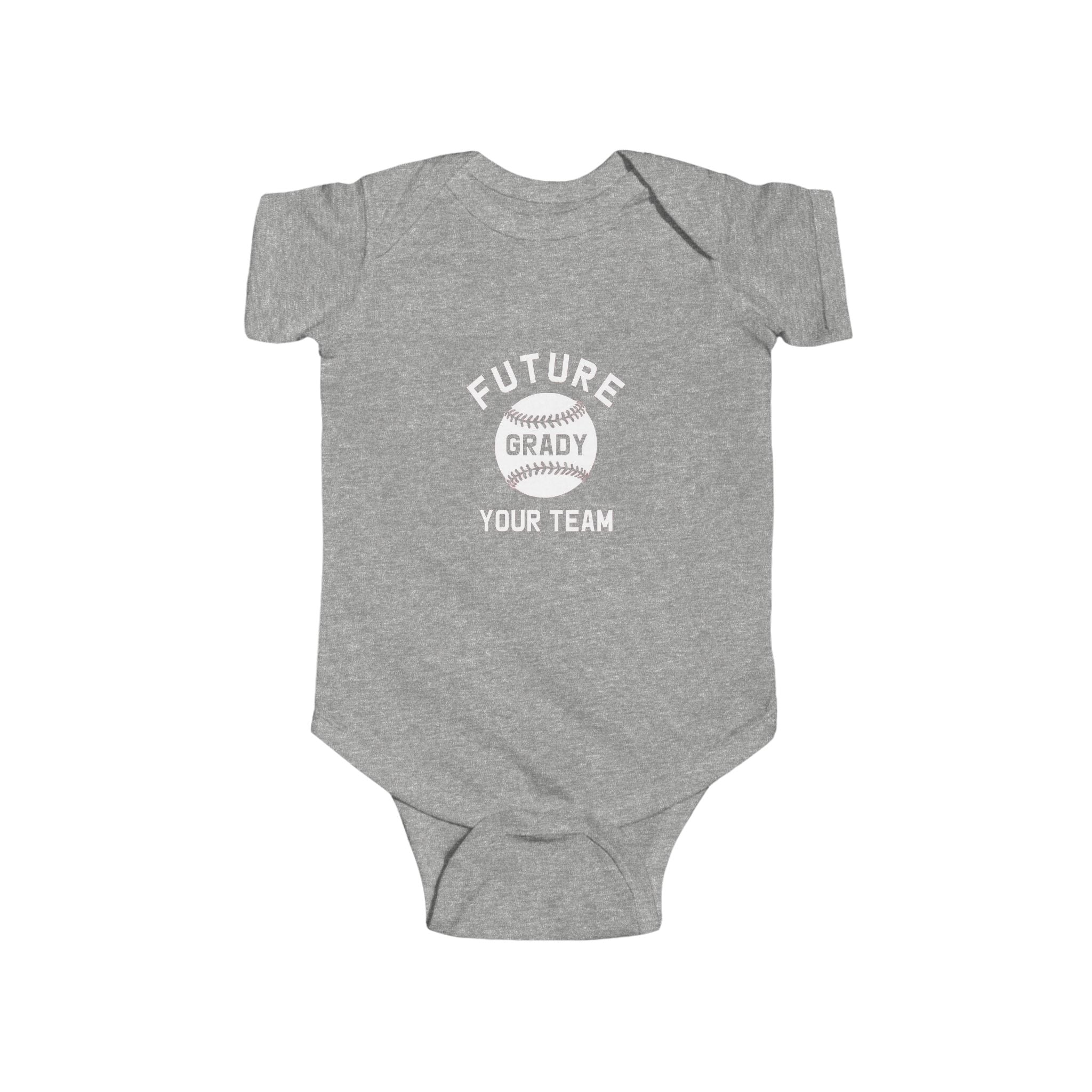 Royal blue baby onesie with white text and baseball graphic that says “Future Grady Your Team” – customizable baby bodysuit for sports fans