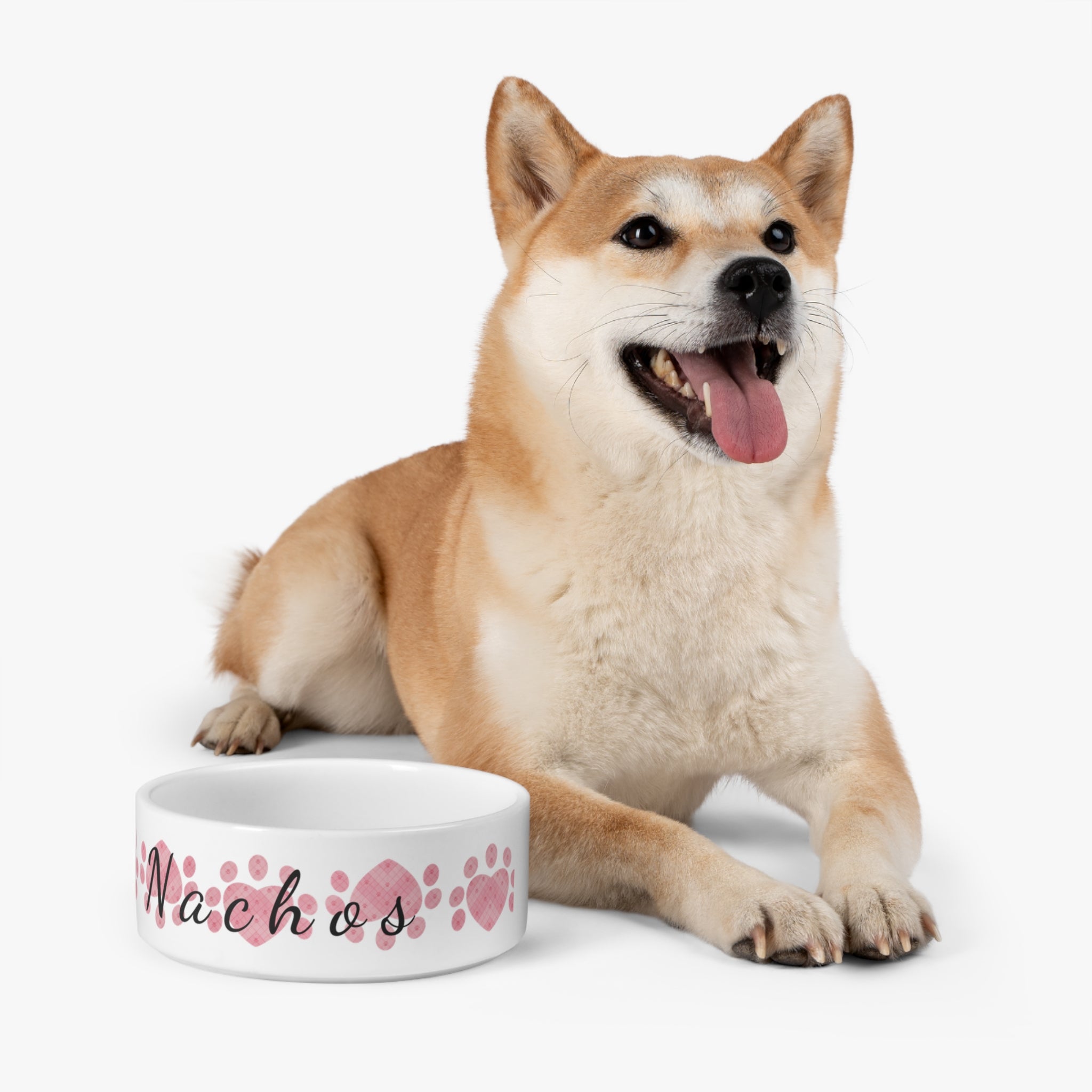 White ceramic pet bowl with heart paw prints and pet name