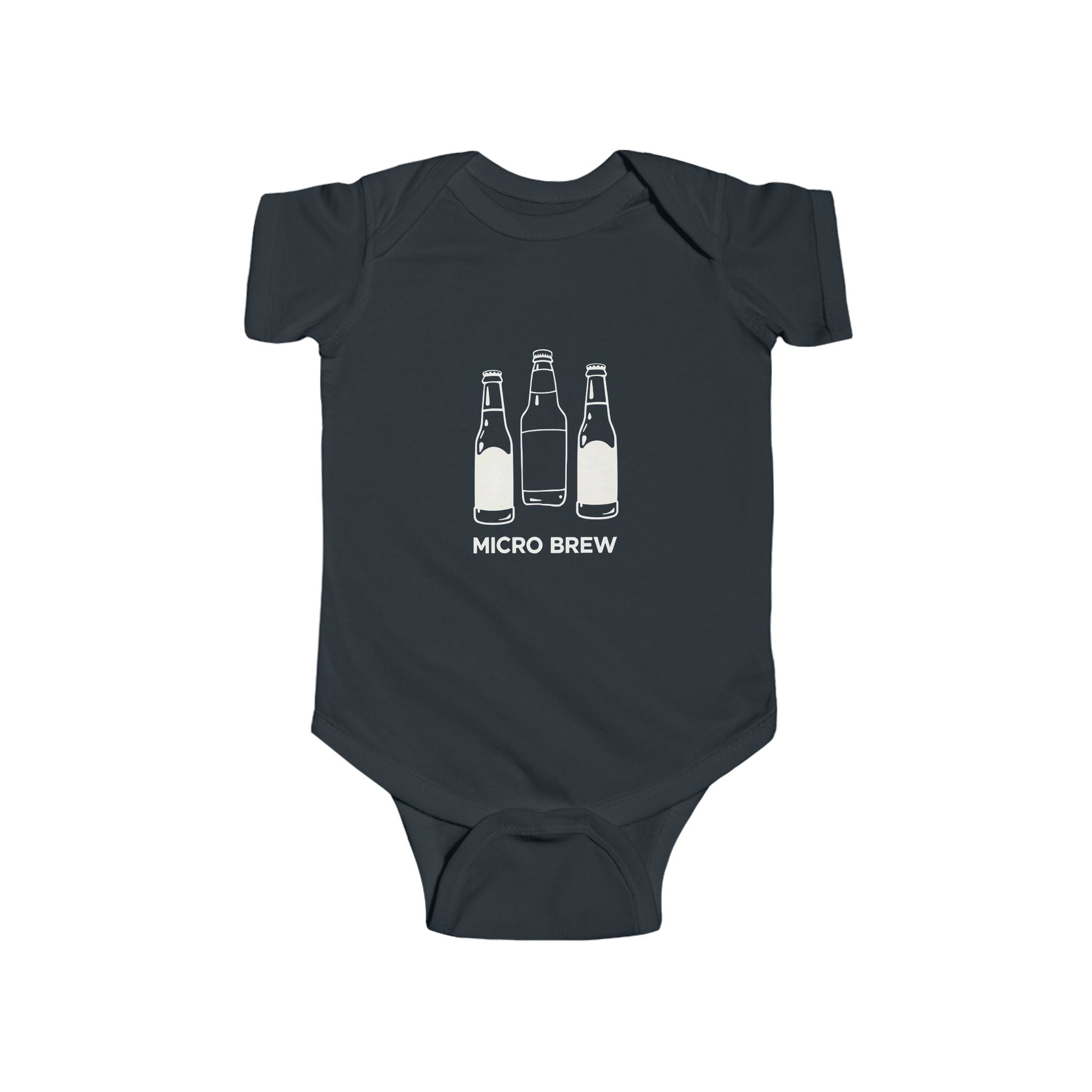 Funny Micro Brew baby bodysuit with illustrated beer bottles and text, customizable color