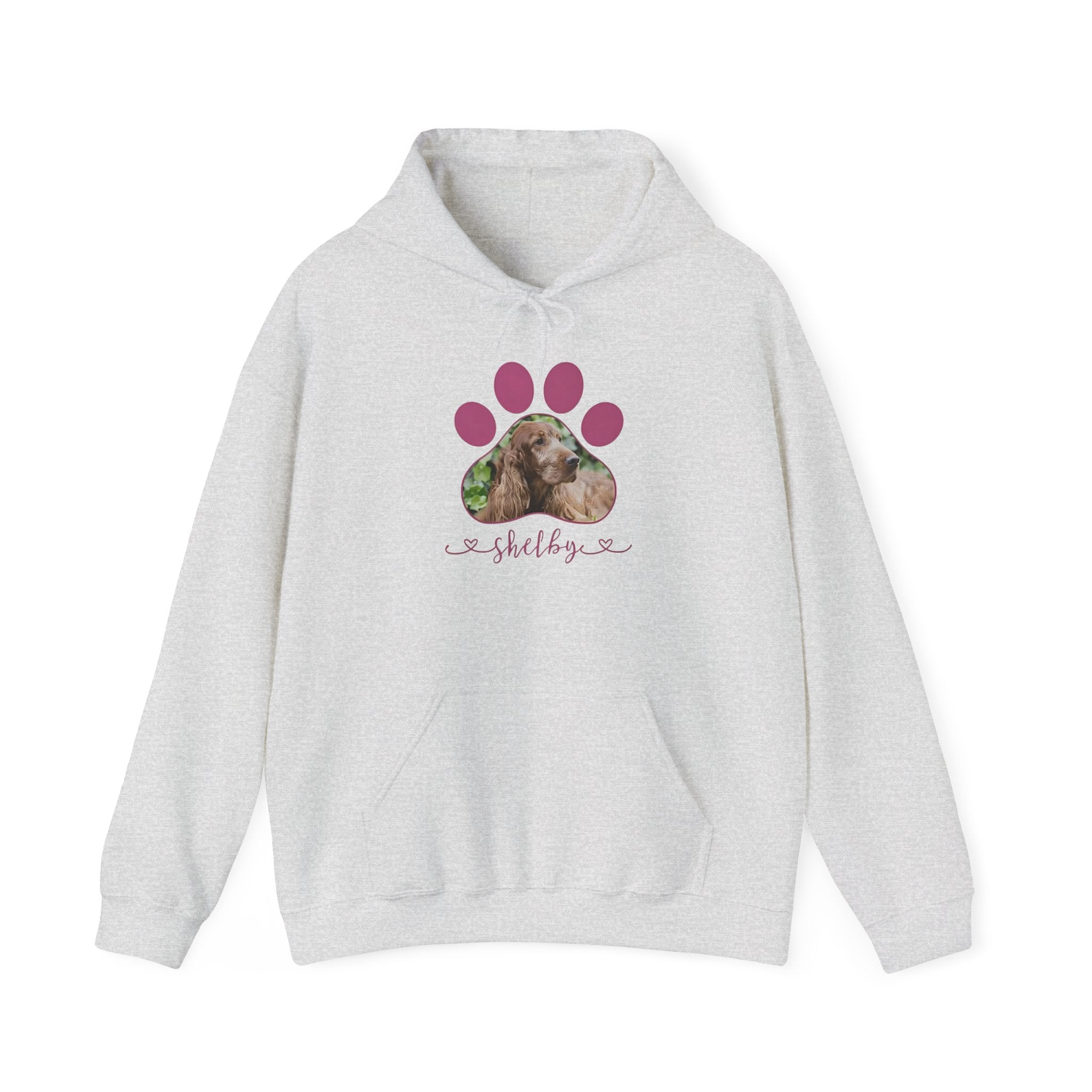 Personalized dog photo hoodie with paw print and custom pet name design in DTG print.

