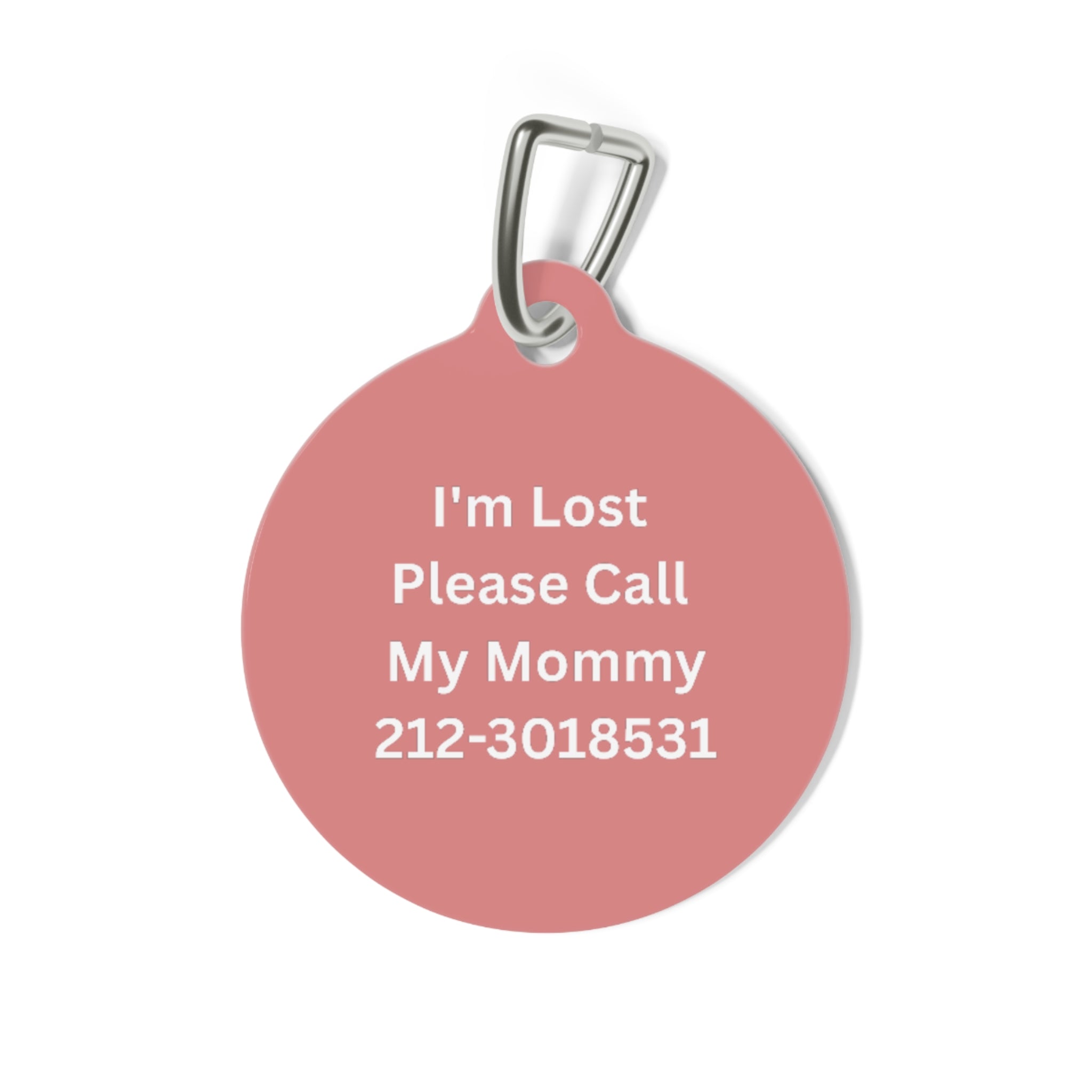 Custom round pet ID tag with personalized illustration, pet name on one side, and contact information on the other, featuring metal clip attachment.
