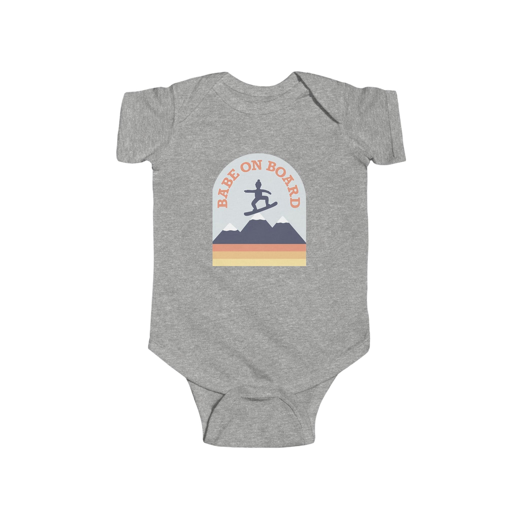 Heather gray baby onesie with “Babe On Board” snowboarding design over retro mountains








