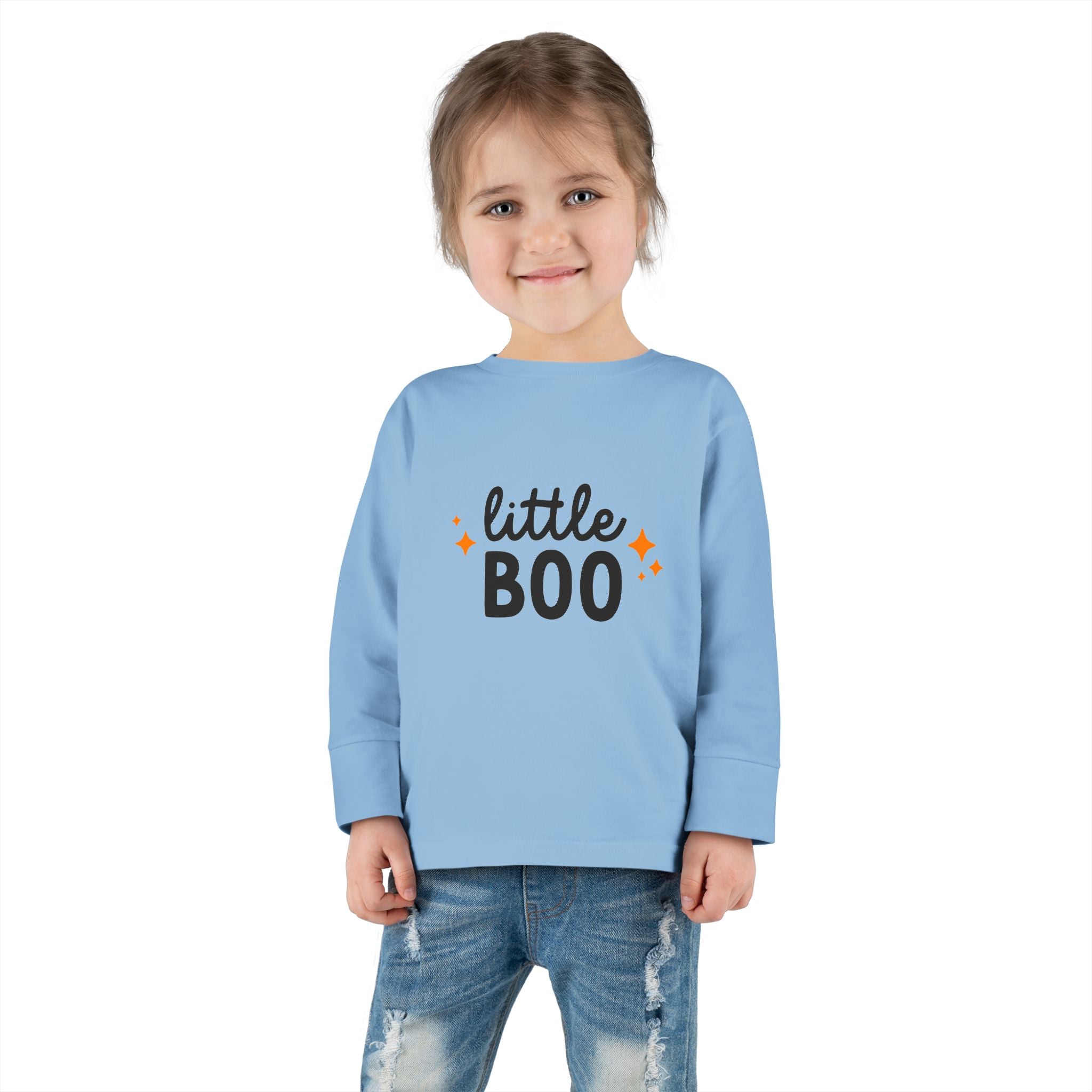 Toddler girl in sky blue Little Boo Halloween long sleeve shirt