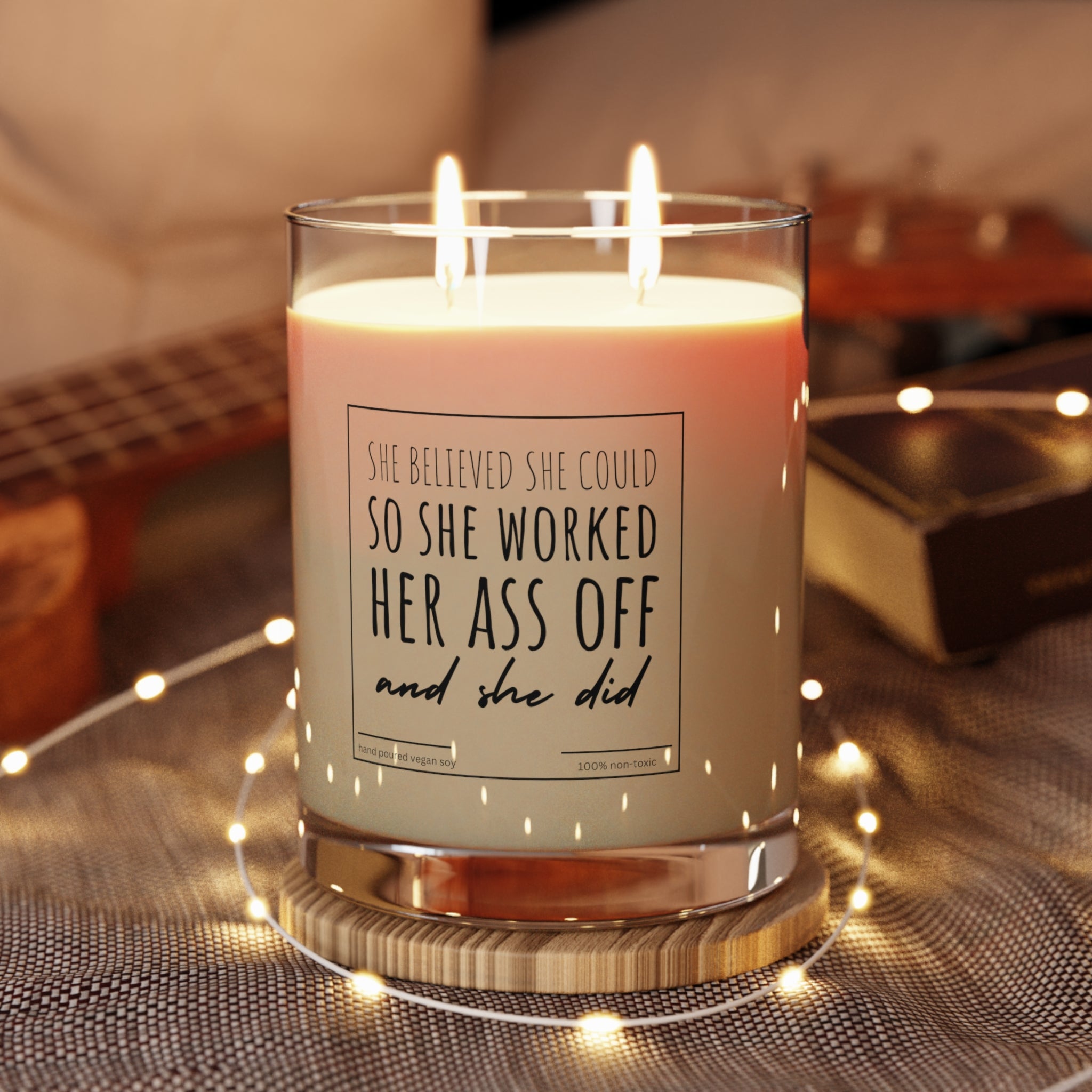 Motivational soy candle with empowering quote for hardworking women