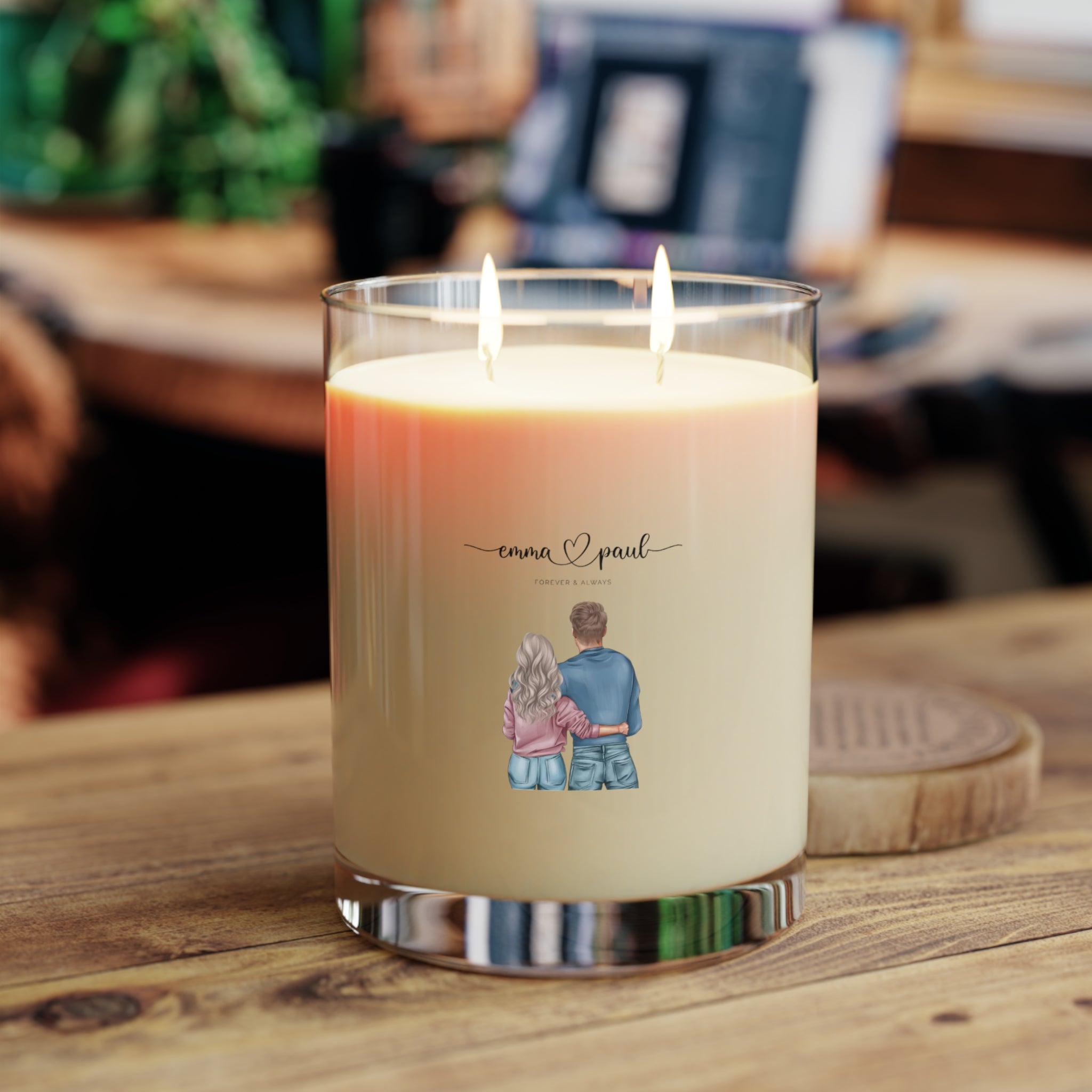 Romantic custom candle with illustration of couple holding hands