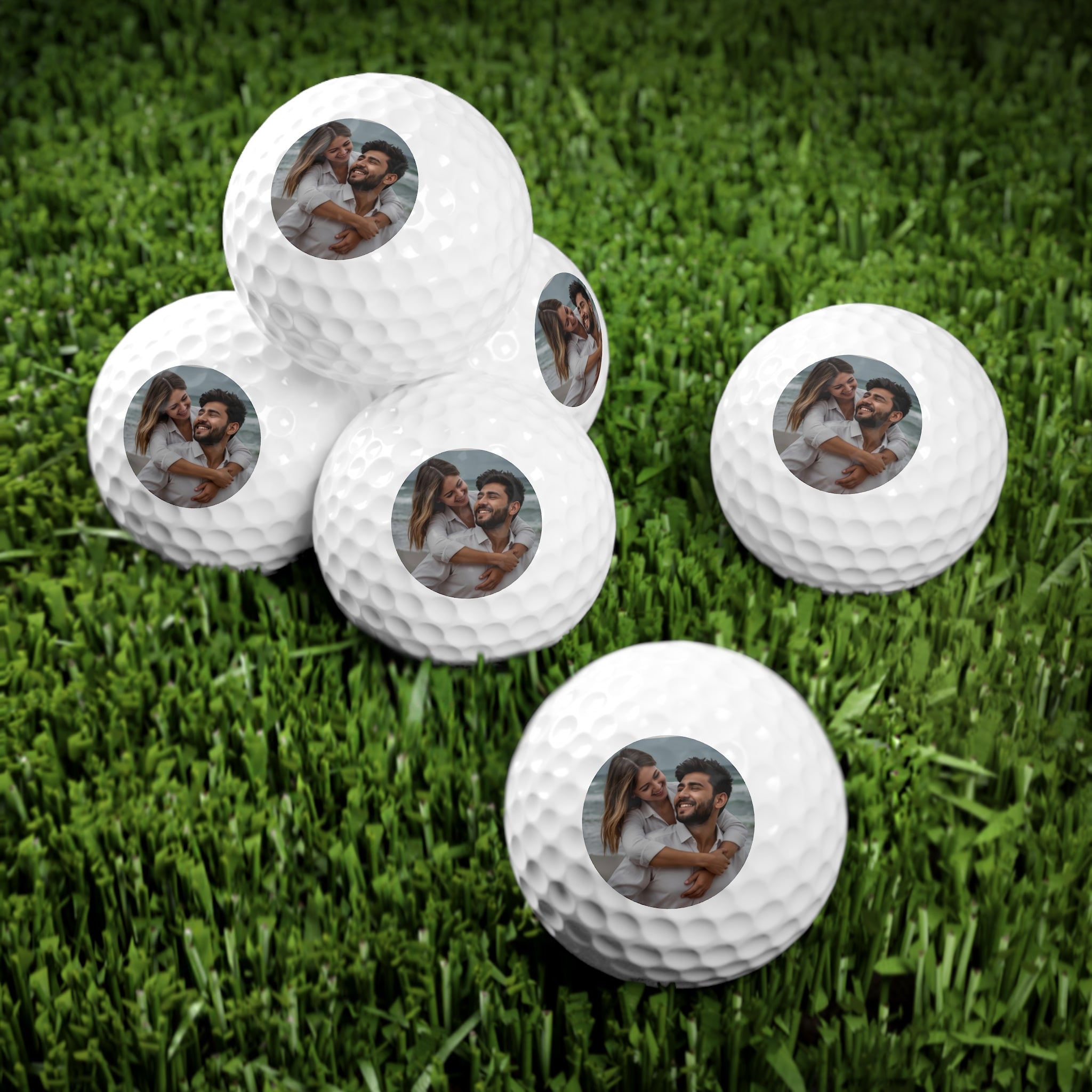 Set of custom photo golf balls with a couple’s image printed on each—ideal personalized gift for golfers and romantic anniversary gifts for him and her.