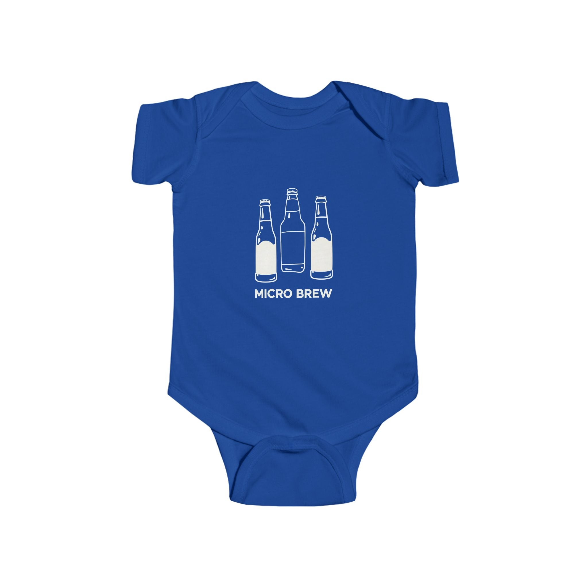 Funny Micro Brew baby bodysuit with illustrated beer bottles and text, customizable color