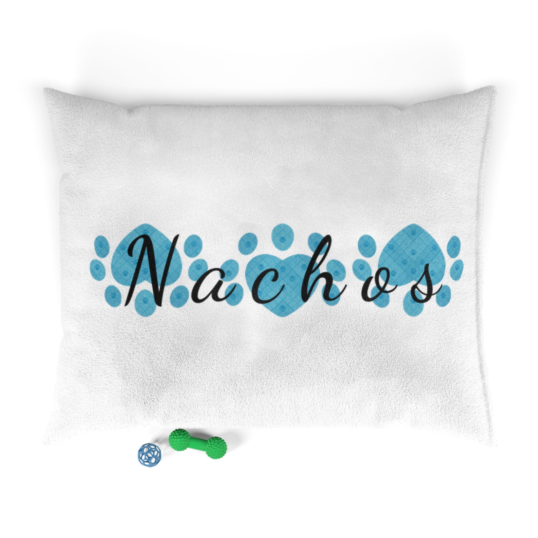 Custom pet bed with heart paw design and personalized name in soft indoor fabric

