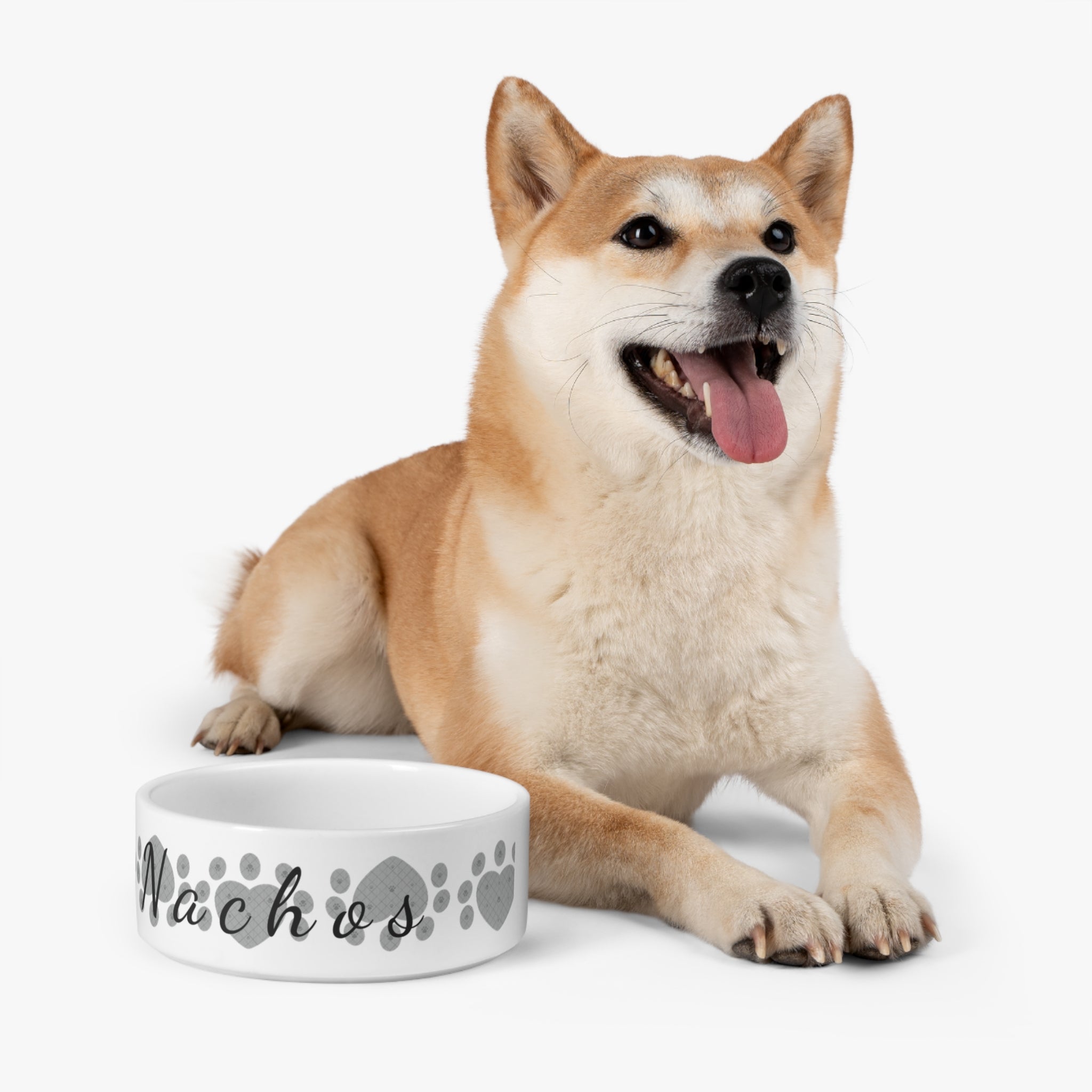 White ceramic pet bowl with heart paw prints and pet name