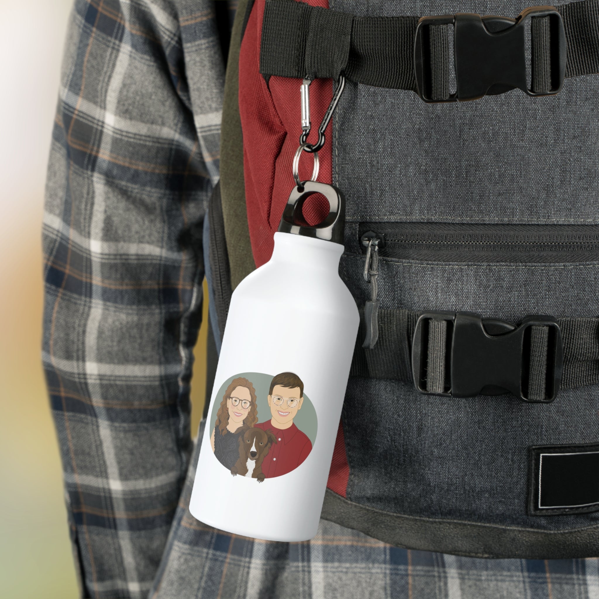 Personalized stainless steel water bottle on backpack
