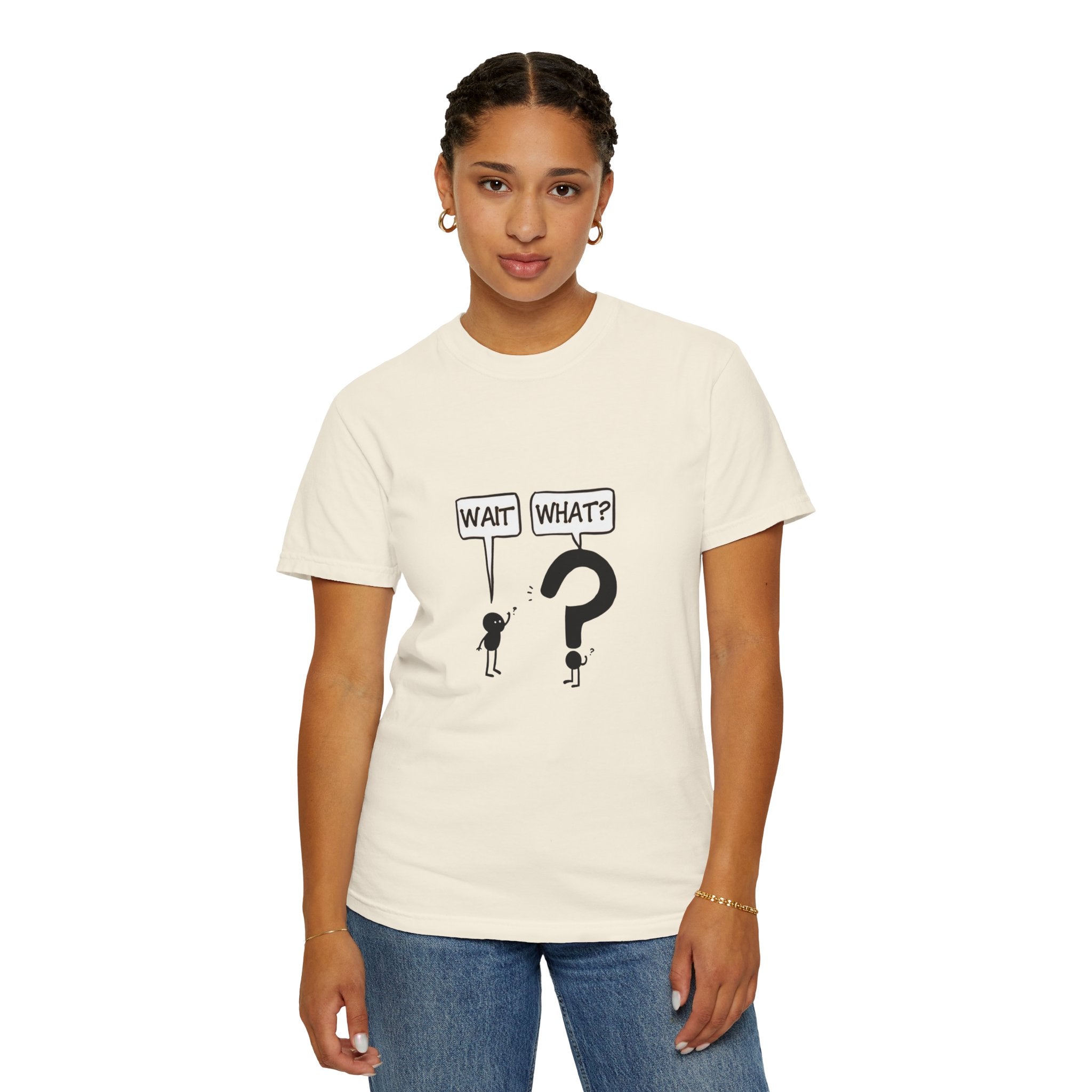 Funny stick figure t-shirt with “Wait What?” quote and cartoon question mark design on unisex cotton tee








