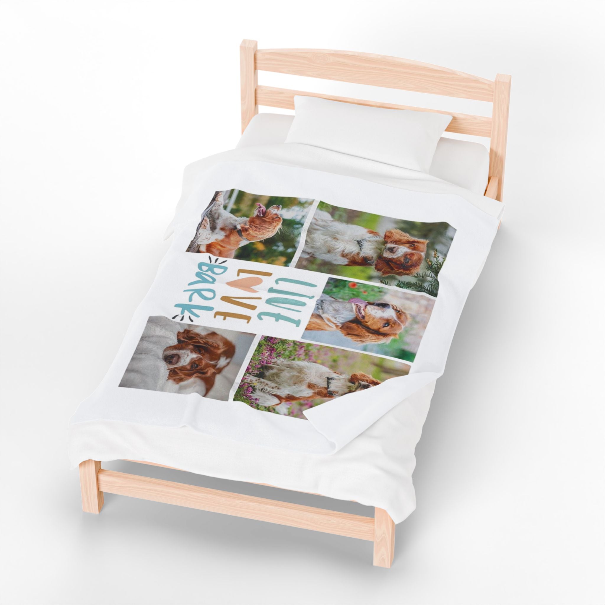 Custom fleece blanket with six dog photos and "Live Love Bark" text in blue and orange

