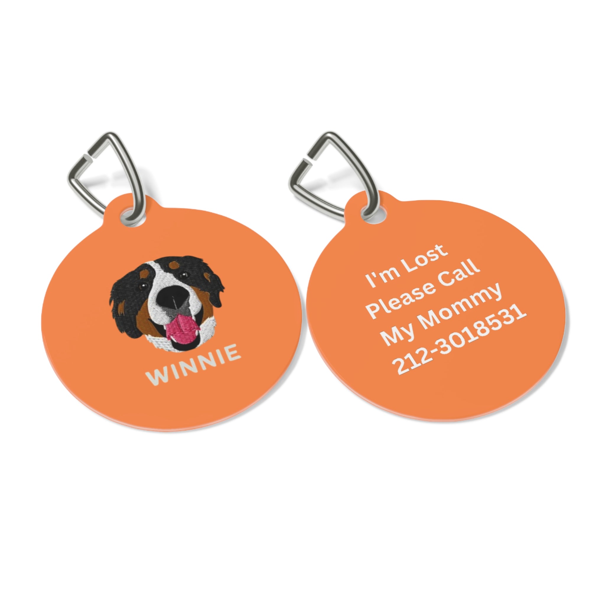 Custom round pet ID tag with personalized illustration, pet name on one side, and contact information on the other, featuring metal clip attachment.
