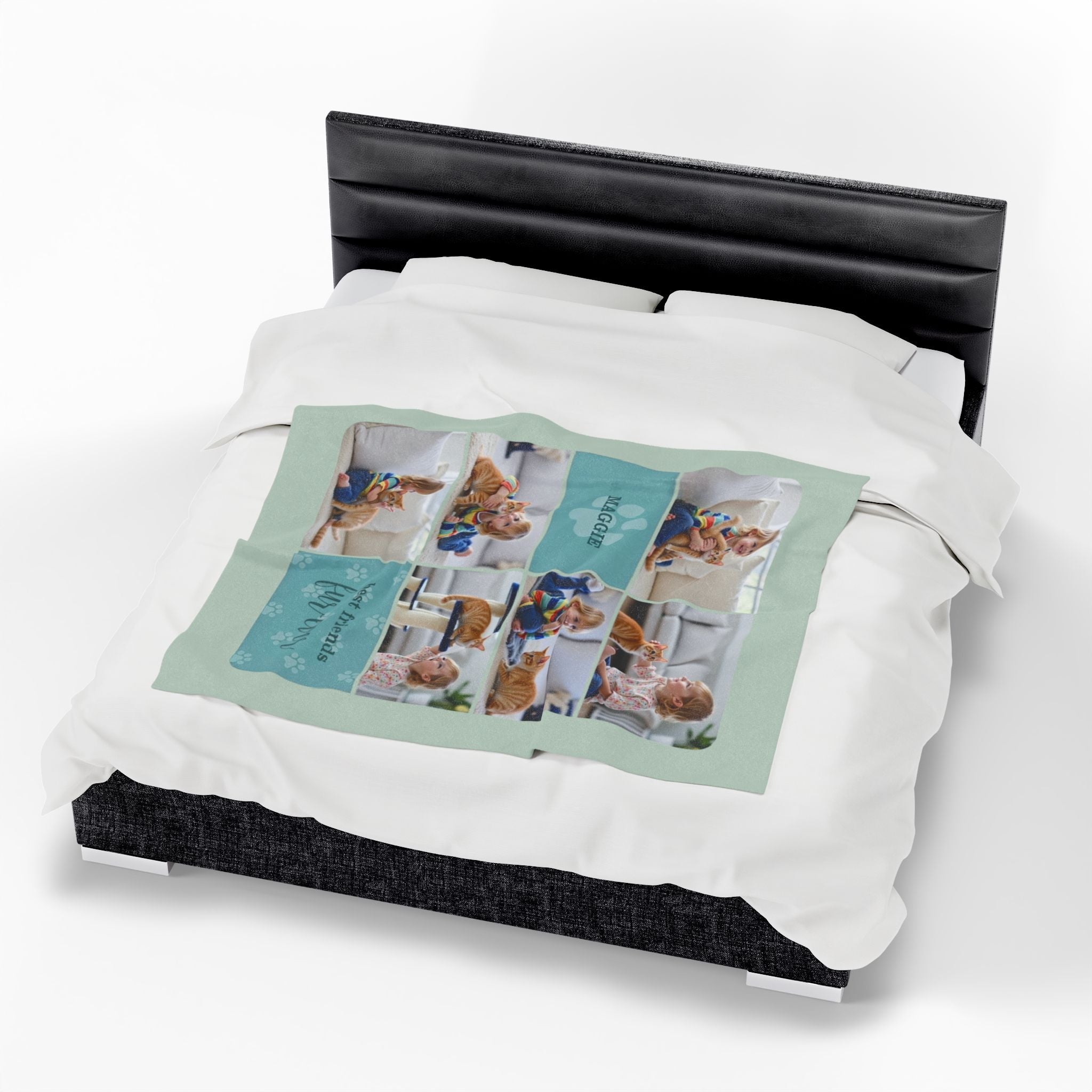 Custom pet photo blanket with paw prints, personalized name, and “best friends fur-ever” quote

